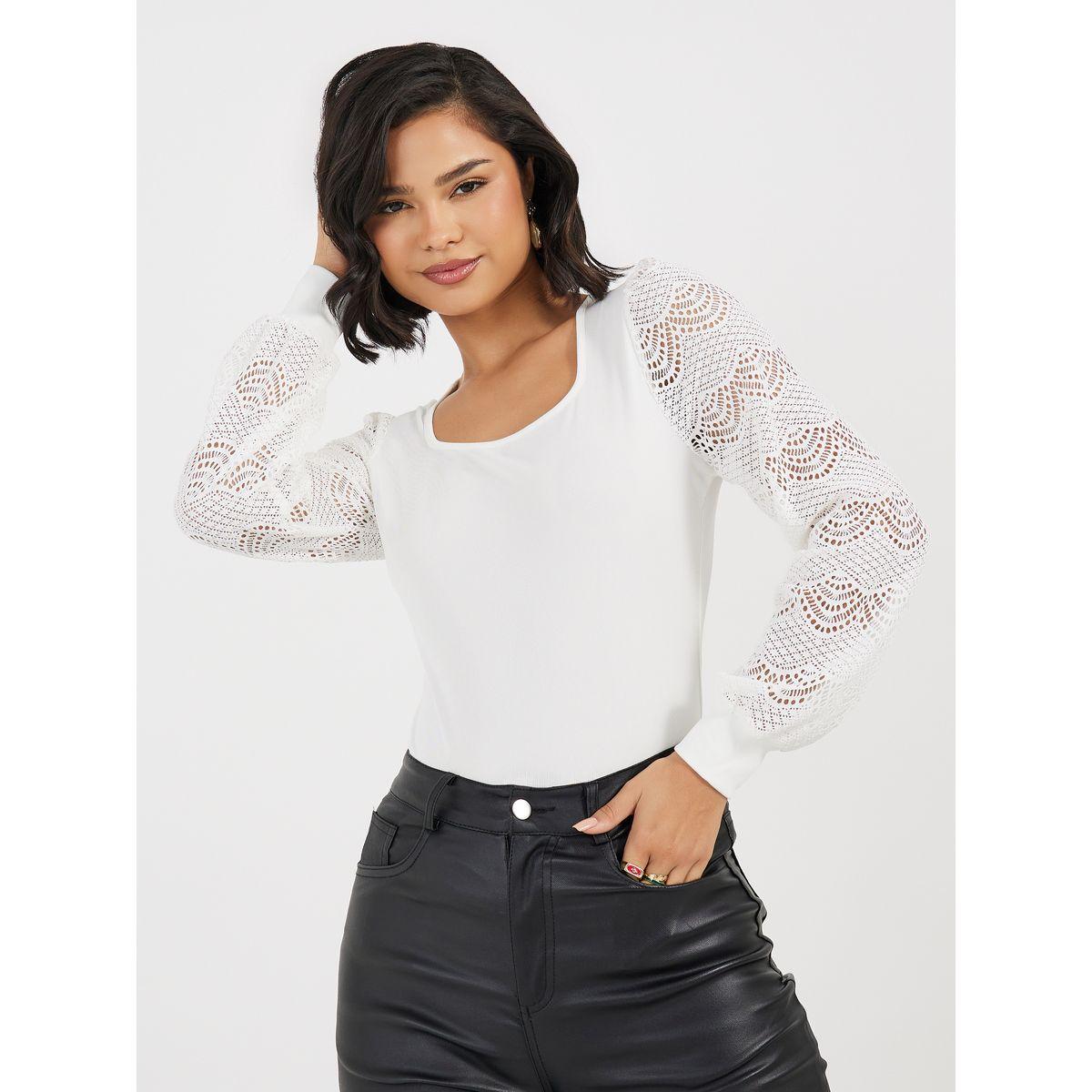 بلوزة محبوكة بأكمام طويل بتفاصيل دانتيل-women-clothing-tshirts-image-1