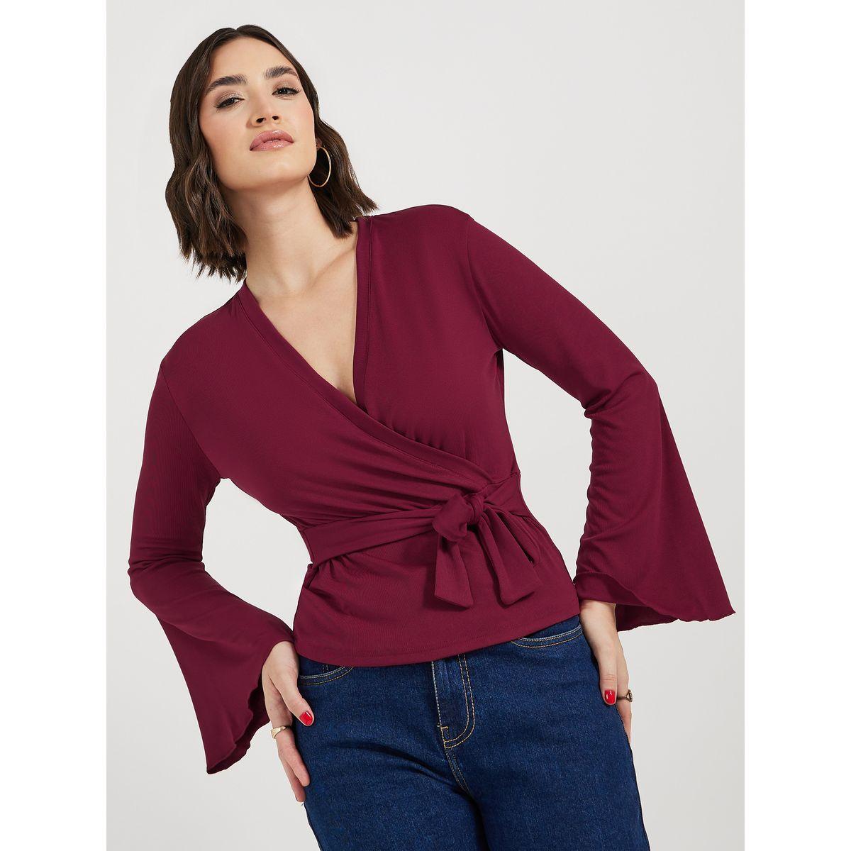 Styli Overlap V Neck Knit Wrap Top with Flared Sleeves-women-clothing-shirtsandblouses-blouses-image-1