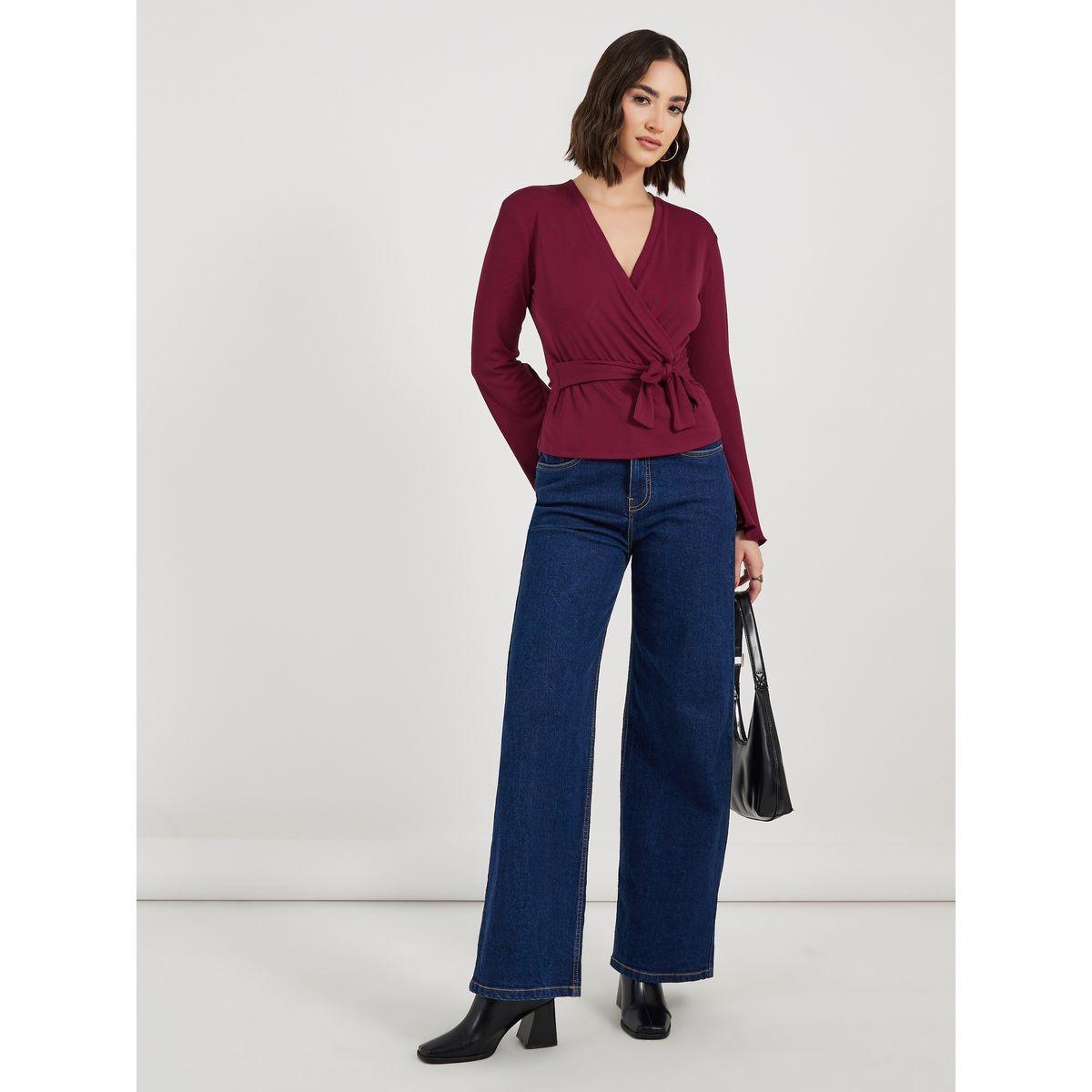Styli Overlap V Neck Knit Wrap Top with Flared Sleeves-women-clothing-shirtsandblouses-blouses-image-2