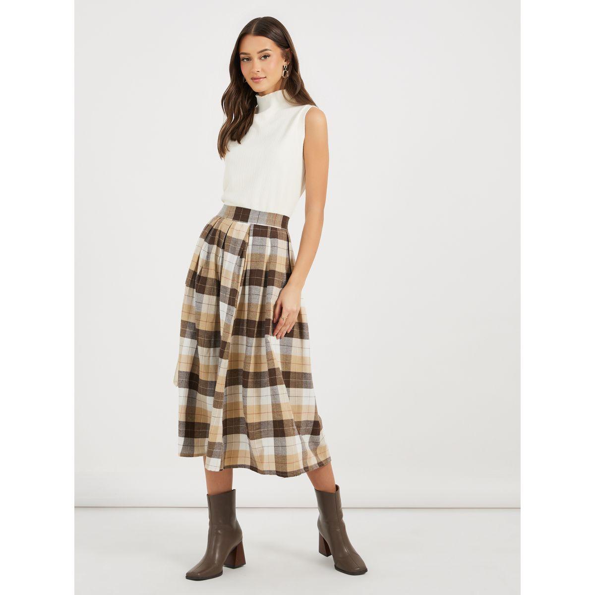 تنورة ميدي بطبعة مربعات وخصر عالي-women-clothing-bottoms-skirts-image-1