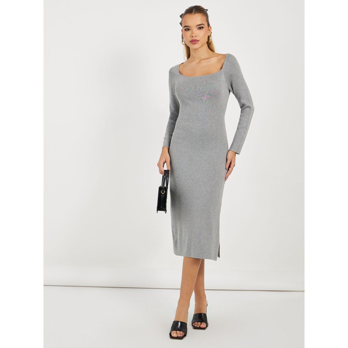 فستان ميدي محبوك بياقة واسعة-women-clothing-dresses-image-1