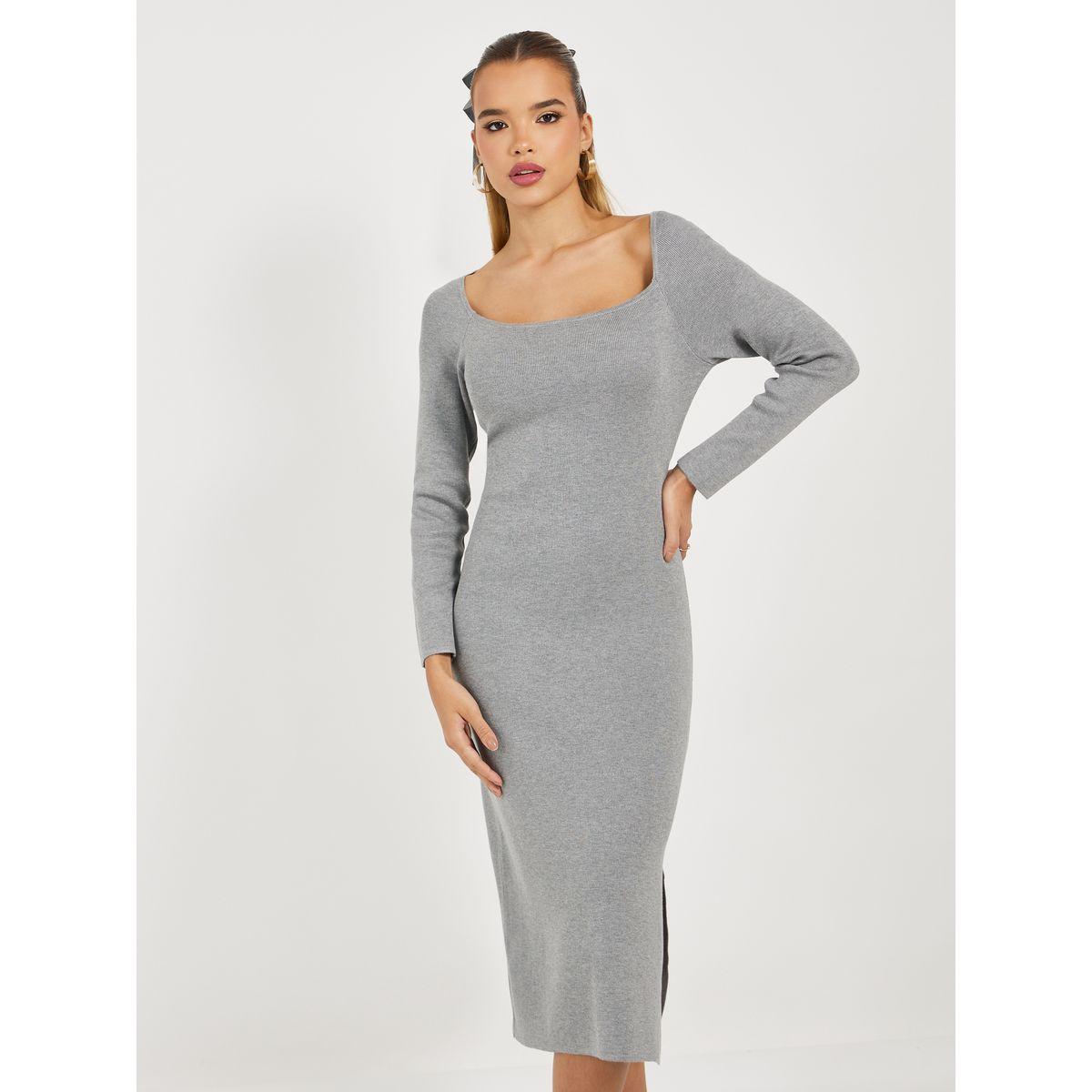 فستان ميدي محبوك بياقة واسعة-women-clothing-dresses-image-2