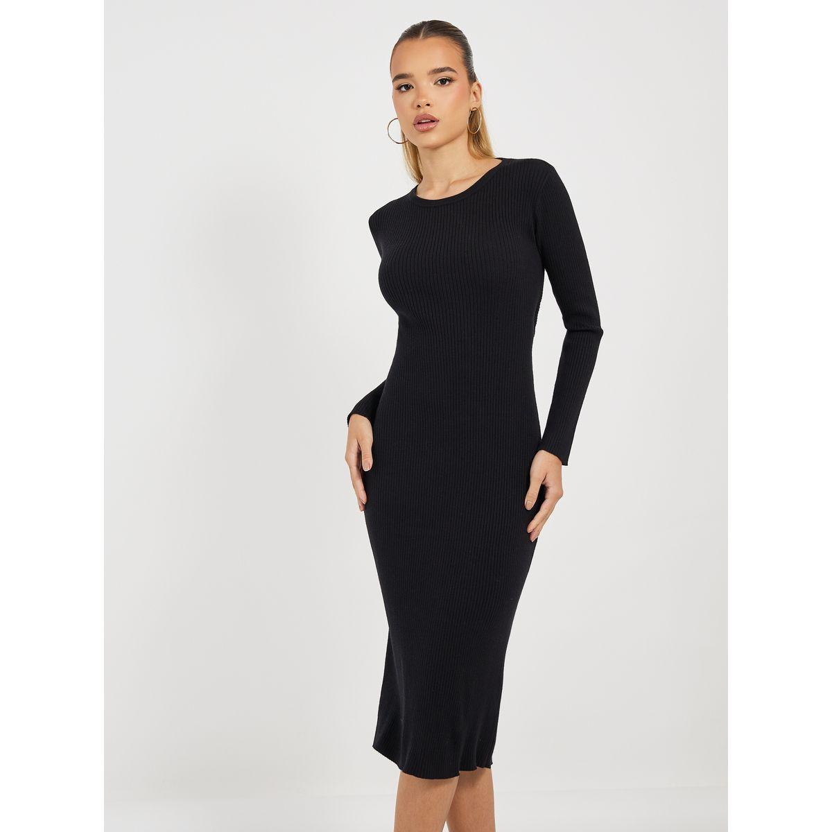 فستان ميدي سادة محبوك بتفاصيل مضلعة-women-clothing-dresses-image-2