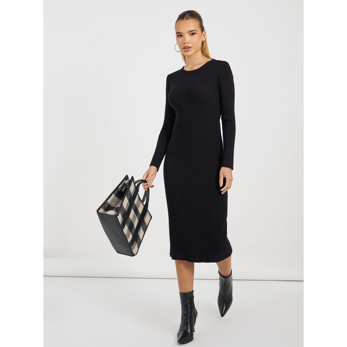 فستان ميدي سادة محبوك بتفاصيل مضلعة-women-clothing-dresses-image-5