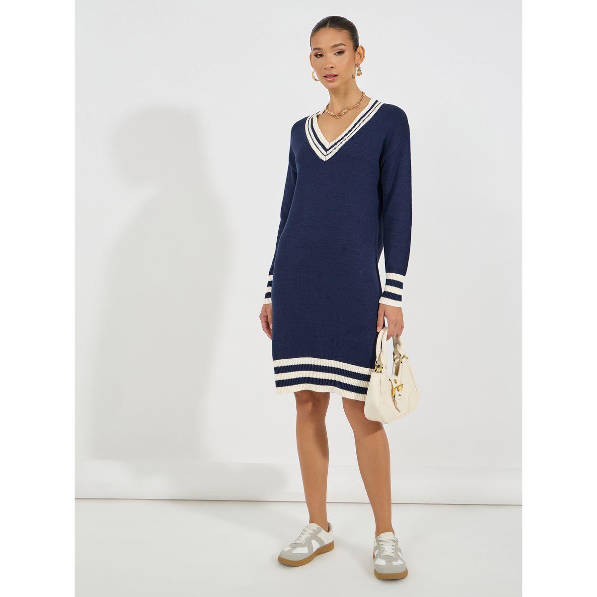 فستان بطول الركبة وتداخلات مخططة-women-clothing-dresses-image-1