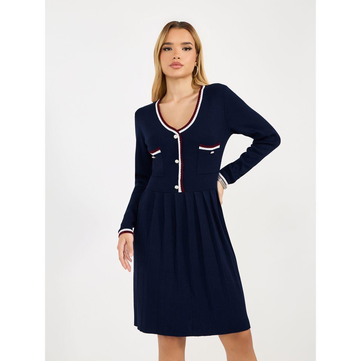 فستان بطول الركبة وتفاصيل مُتباينة مع أزرار-women-clothing-dresses-image-2