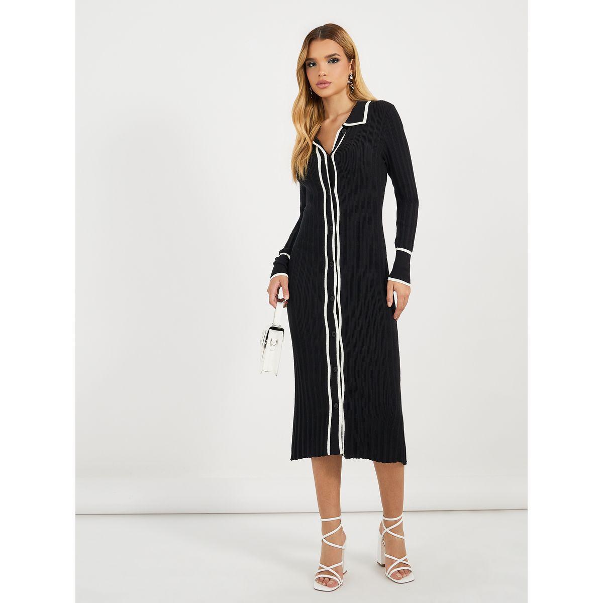 Styli Contrast Trim Collared Sweater Midi Dress-women-clothing-dresses-image-1