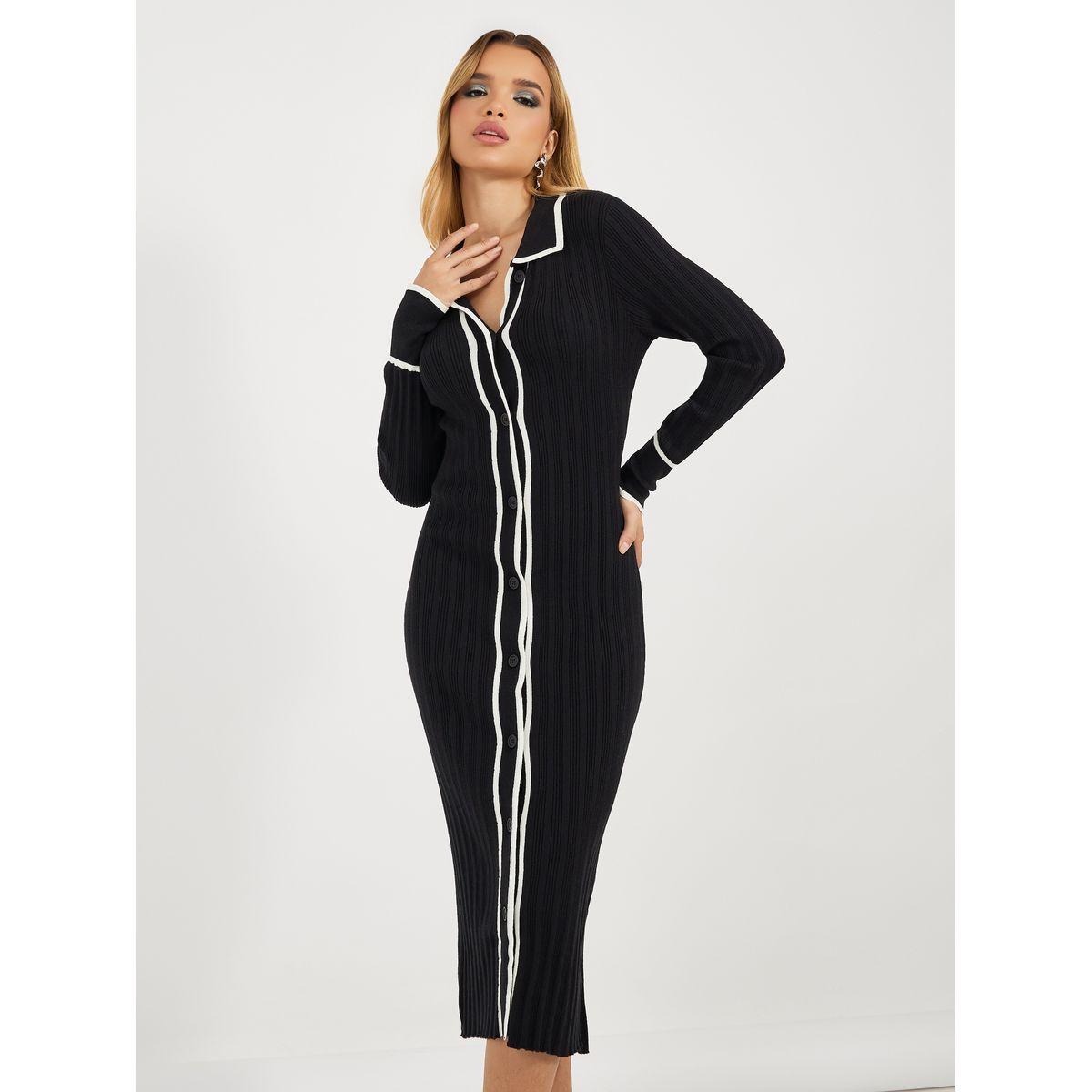 Styli Contrast Trim Collared Sweater Midi Dress-women-clothing-dresses-image-2
