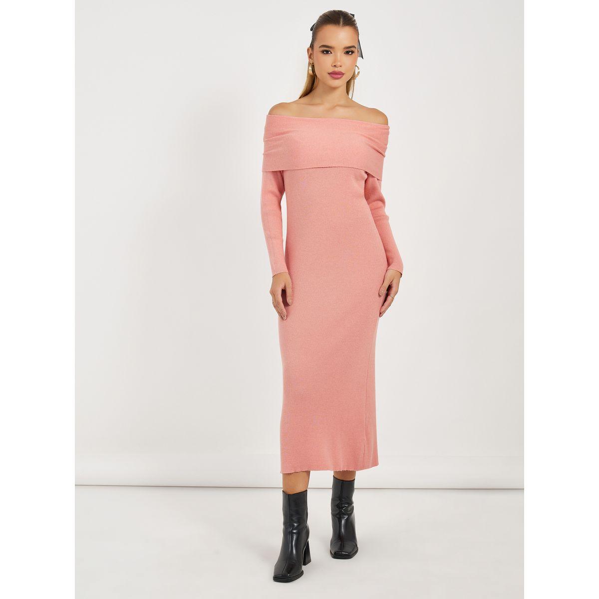 Styli Ribbed Knit Off Shoulder Sweater Midi Dress-women-clothing-dresses-image-1
