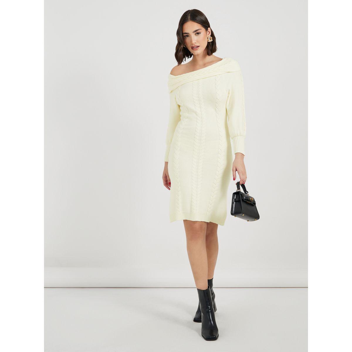 فستان سادة بطول الركبة وأكتاف مكشوفة-women-clothing-dresses-image-1