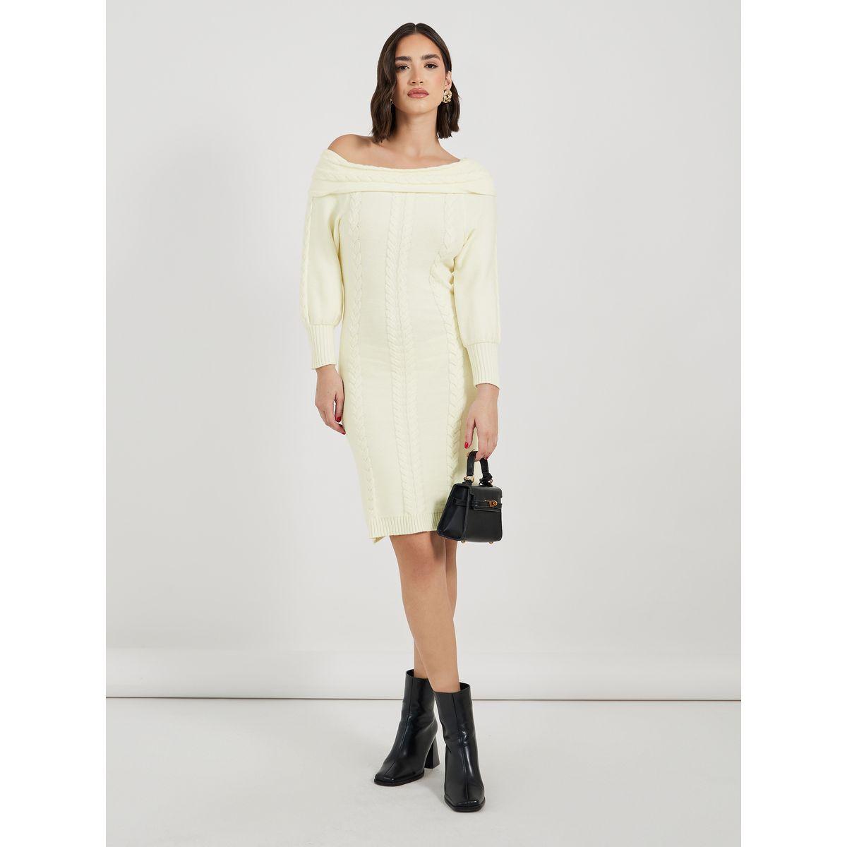 Styli Plain Off Shoulder Sweater Knee-Length Dress-women-clothing-dresses-image-4