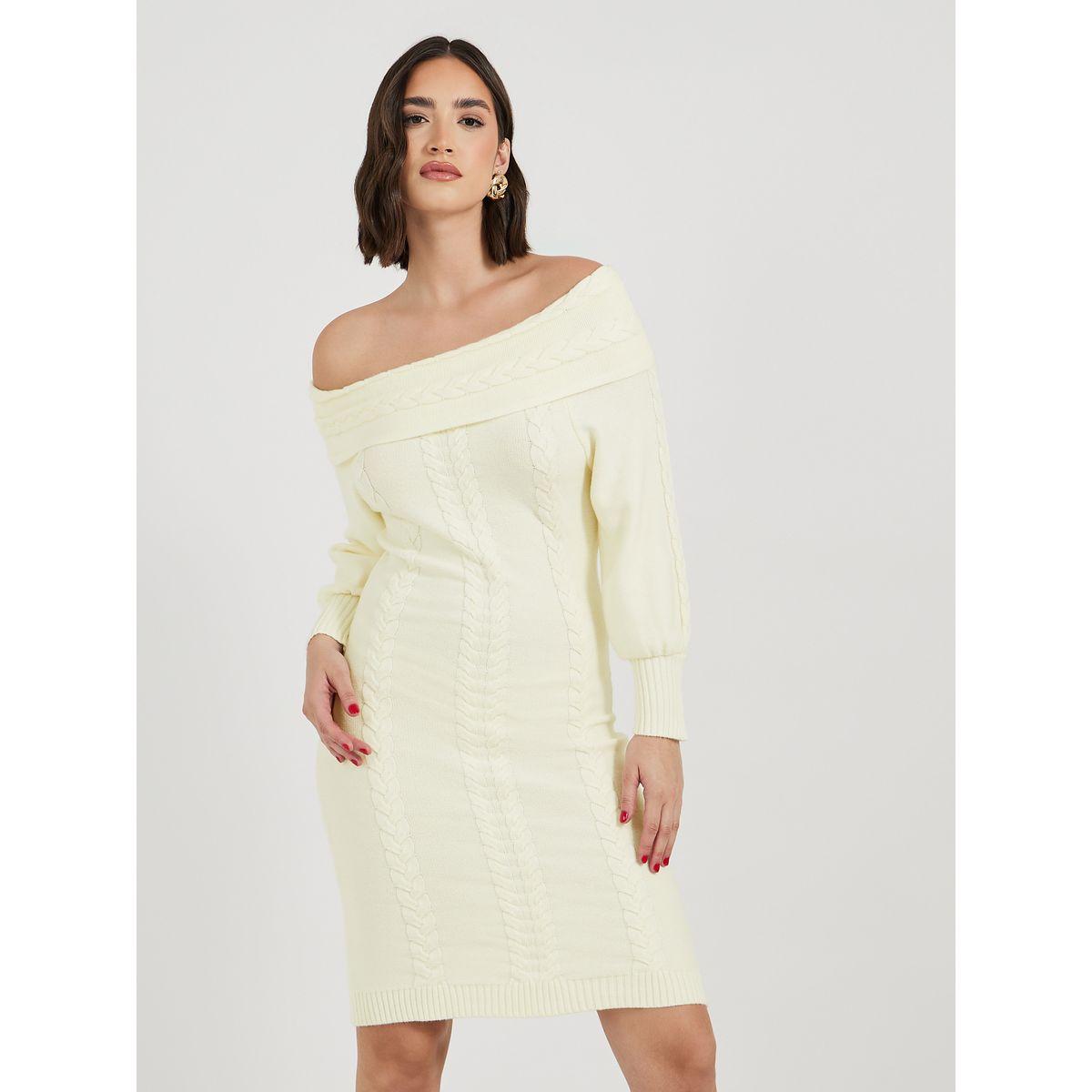 Styli Plain Off Shoulder Sweater Knee-Length Dress-women-clothing-dresses-image-5