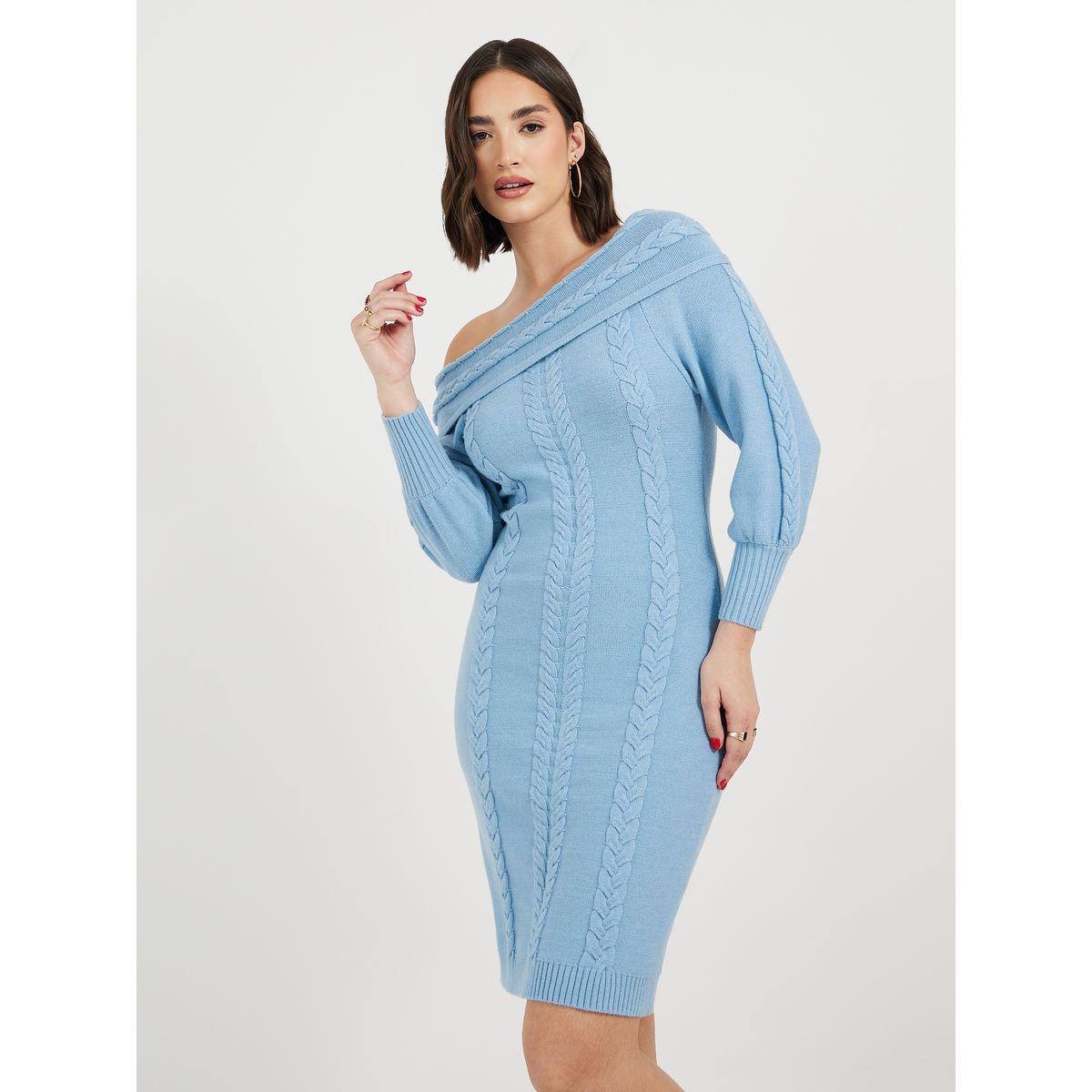 Styli Plain Off Shoulder Sweater Knee-Length Dress-women-clothing-dresses-image-1