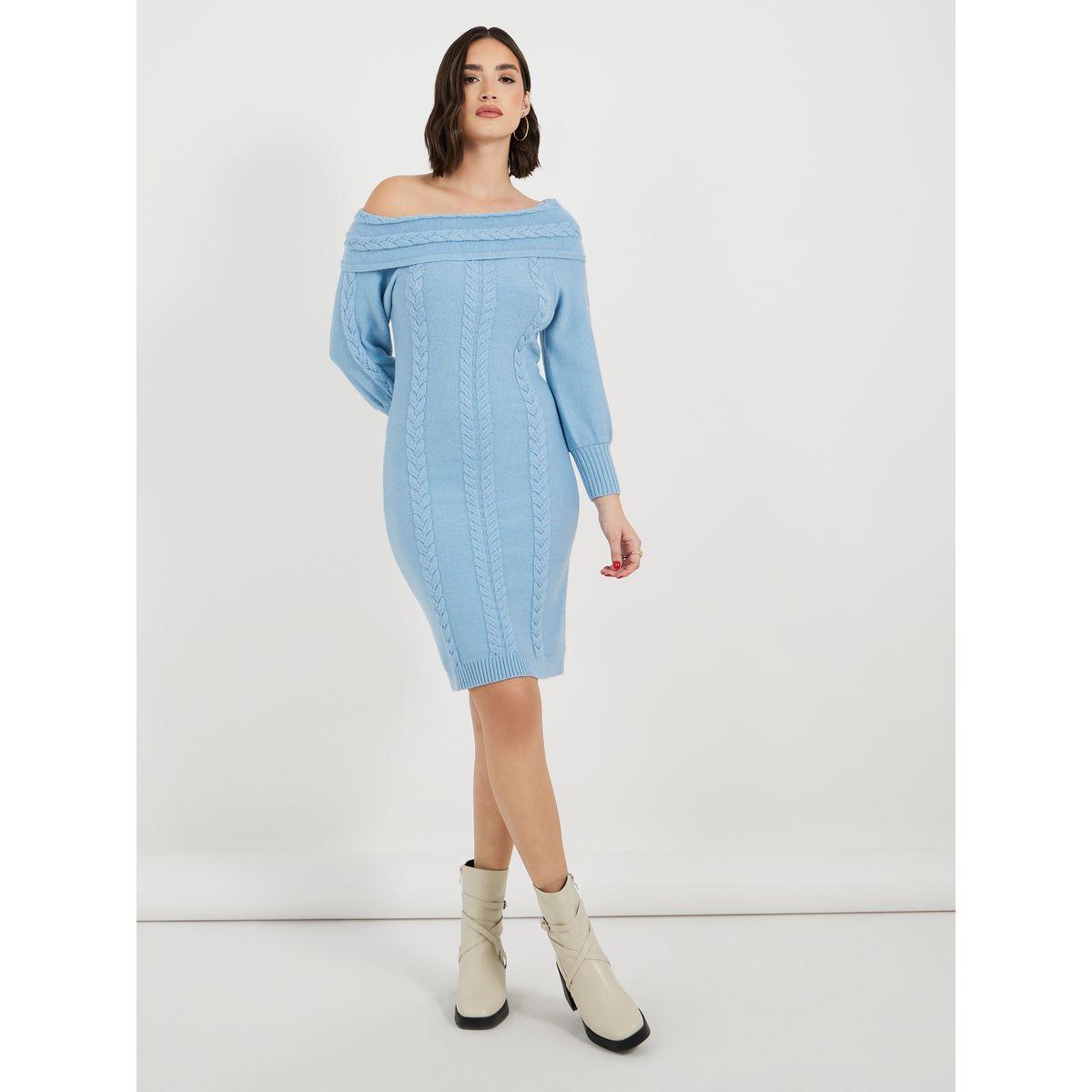 Styli Plain Off Shoulder Sweater Knee-Length Dress-women-clothing-dresses-image-2