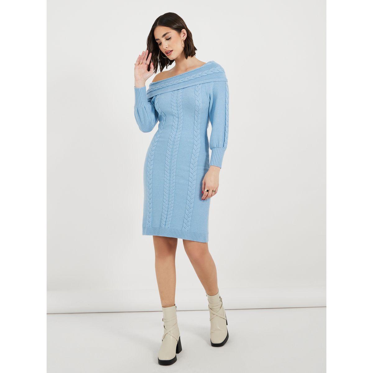 Styli Plain Off Shoulder Sweater Knee-Length Dress-women-clothing-dresses-image-4