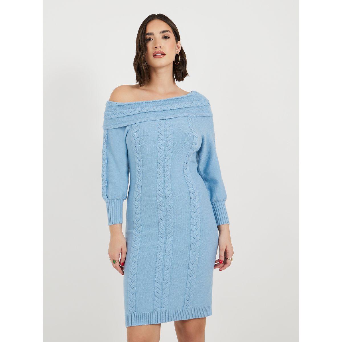 فستان سادة بطول الركبة وأكتاف مكشوفة-women-clothing-dresses-image-5