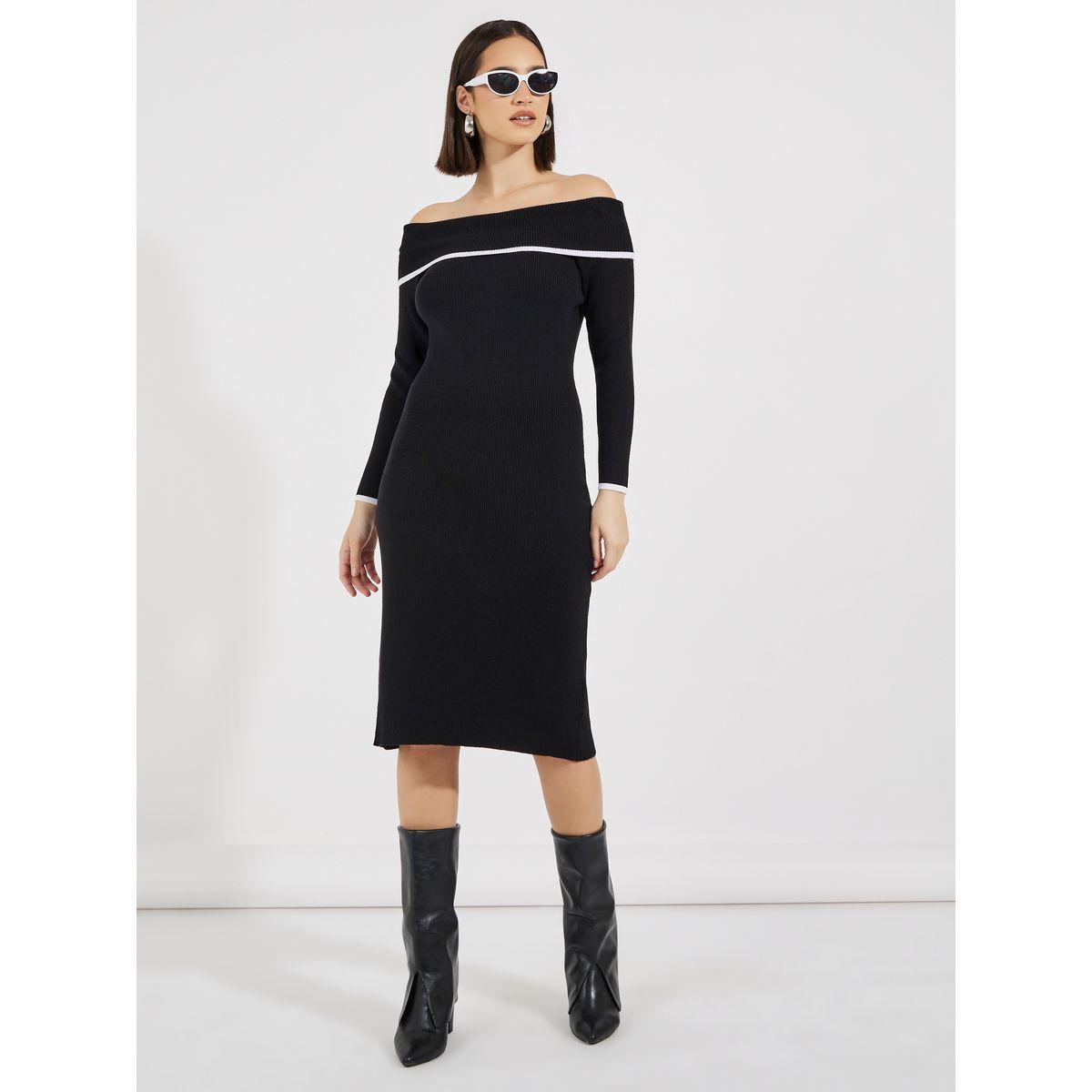 Styli Contrast Trim Off Shoulder Sweater Dress-women-clothing-dresses-image-1