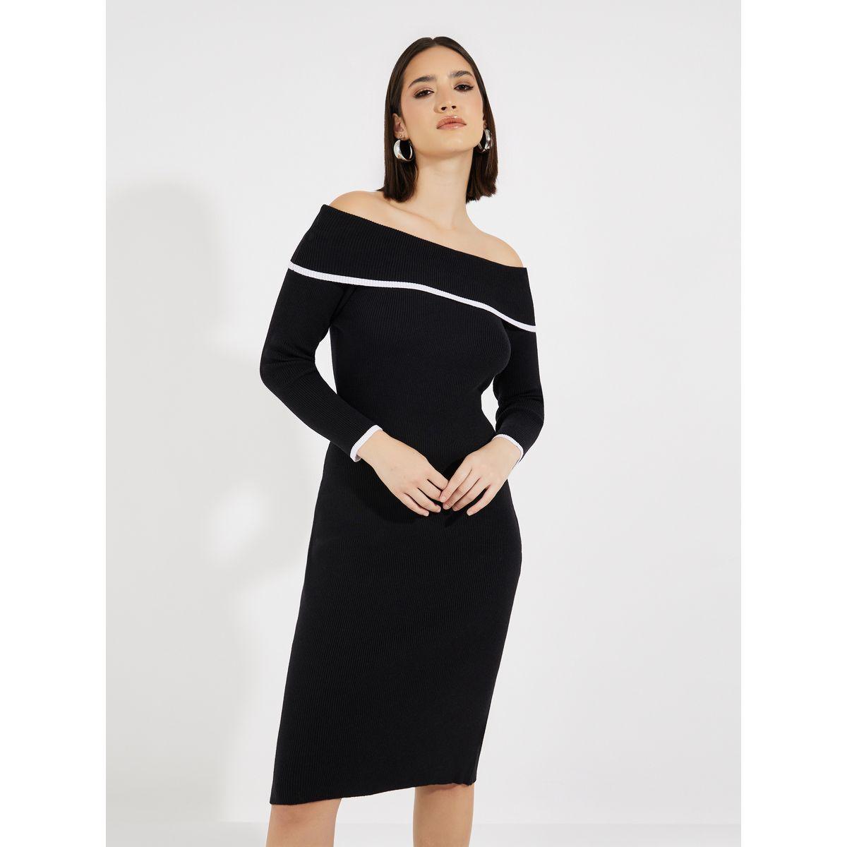 Styli Contrast Trim Off Shoulder Sweater Dress-women-clothing-dresses-image-2
