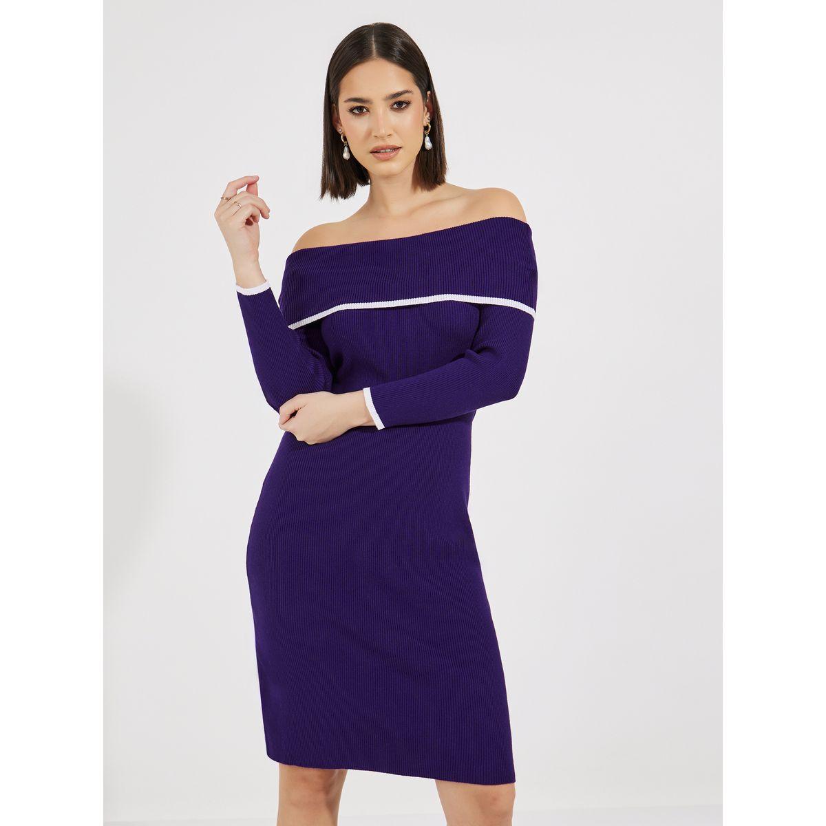 Styli Contrast Trim Off Shoulder Sweater Dress-women-clothing-dresses-image-2