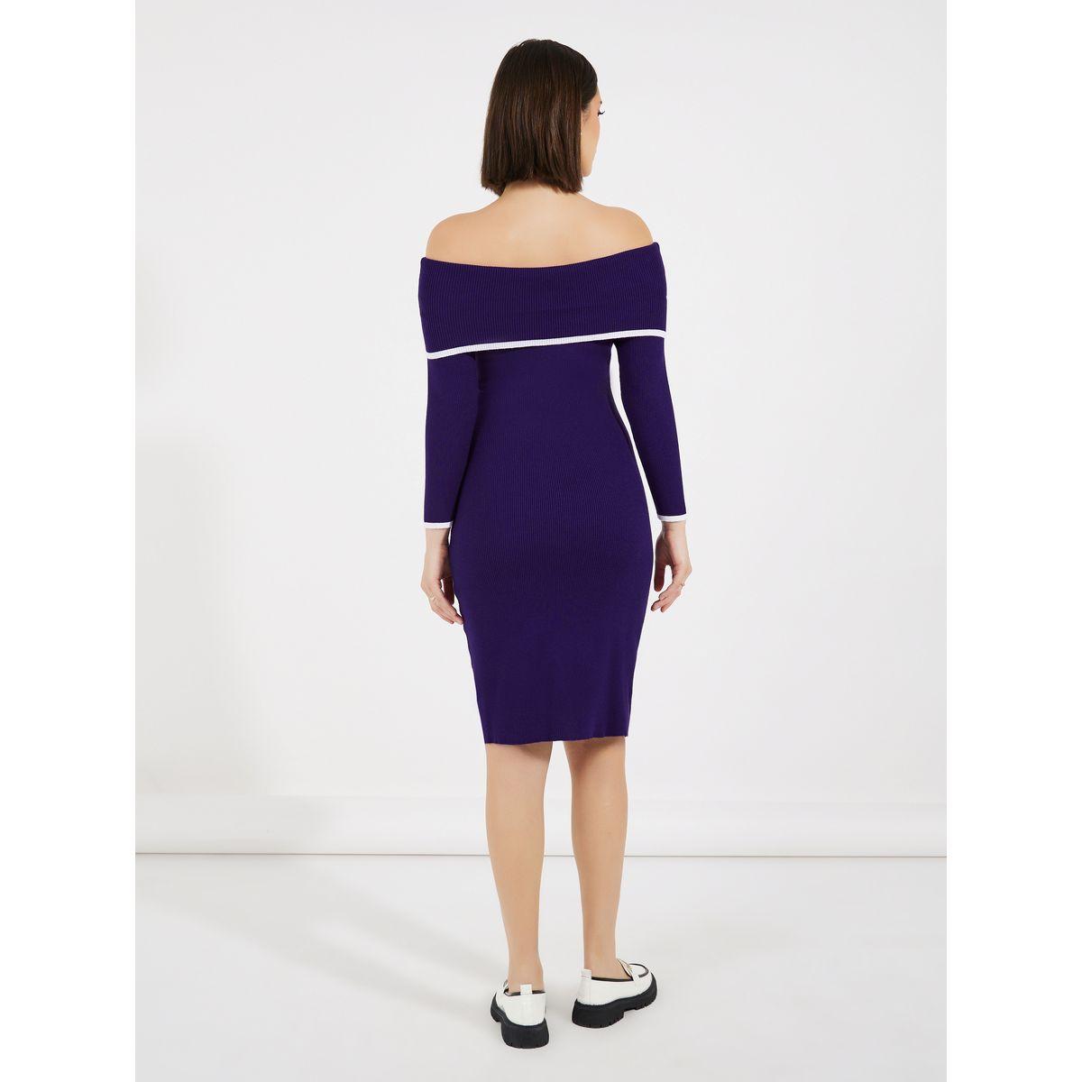 فستان بطول الركبة وأكتاف مكشوفة مع تفاصيل مُتباينة-women-clothing-dresses-image-6