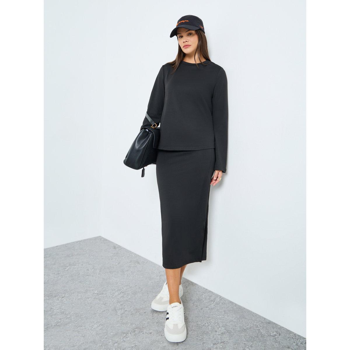 Styli Black Solid Knit Top and Midi Skirt Co-Ords-women-clothing-coordsets-image-1