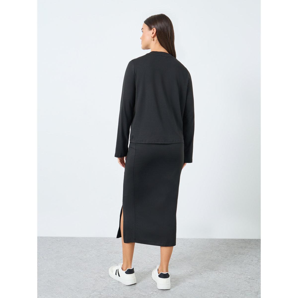 Styli Black Solid Knit Top and Midi Skirt Co-Ords-women-clothing-coordsets-image-4