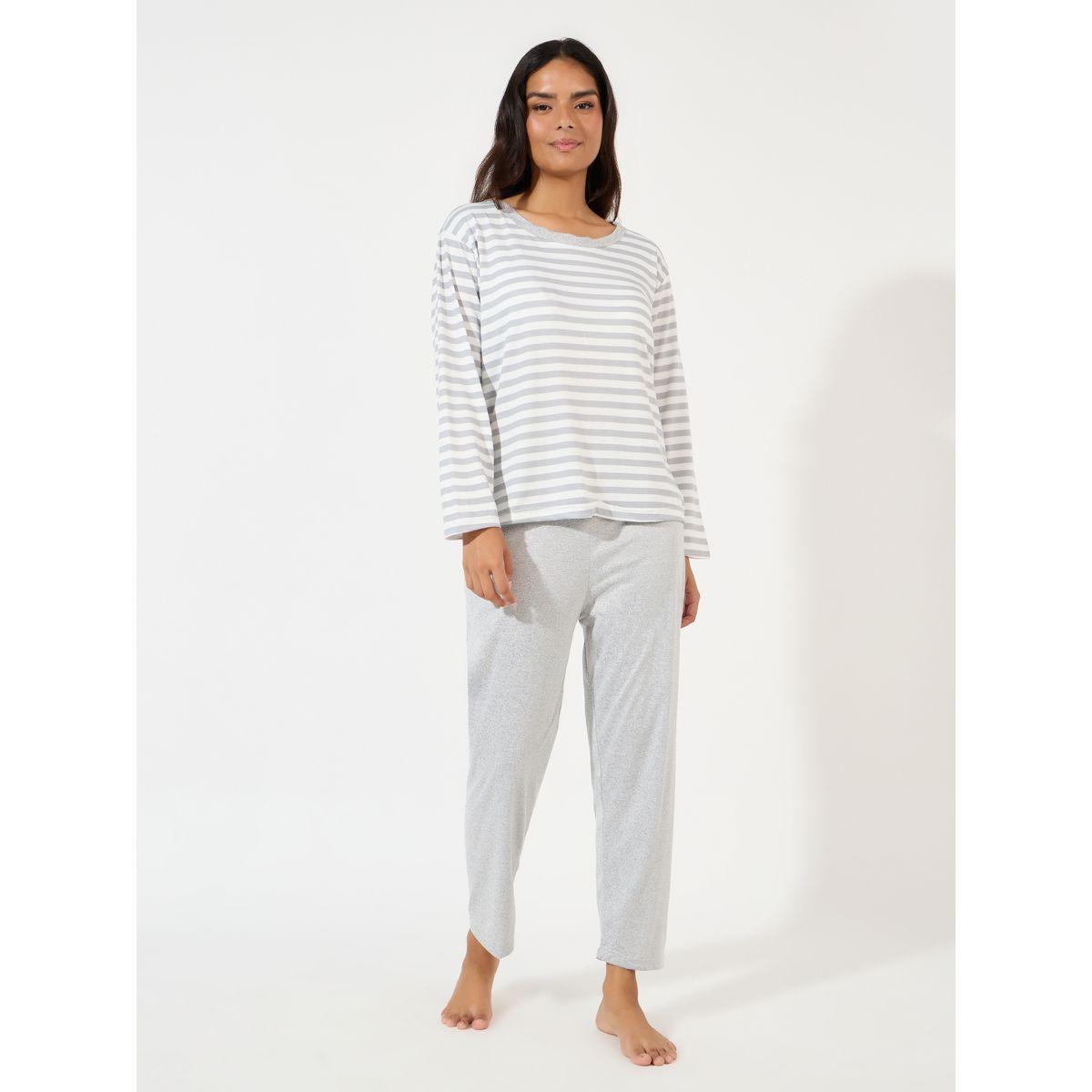 طقم من بنطال بيجاما وبلوزة مخططة بأكمام طويلة-women-clothing-nightwear-pyjamas-longsets-image-1