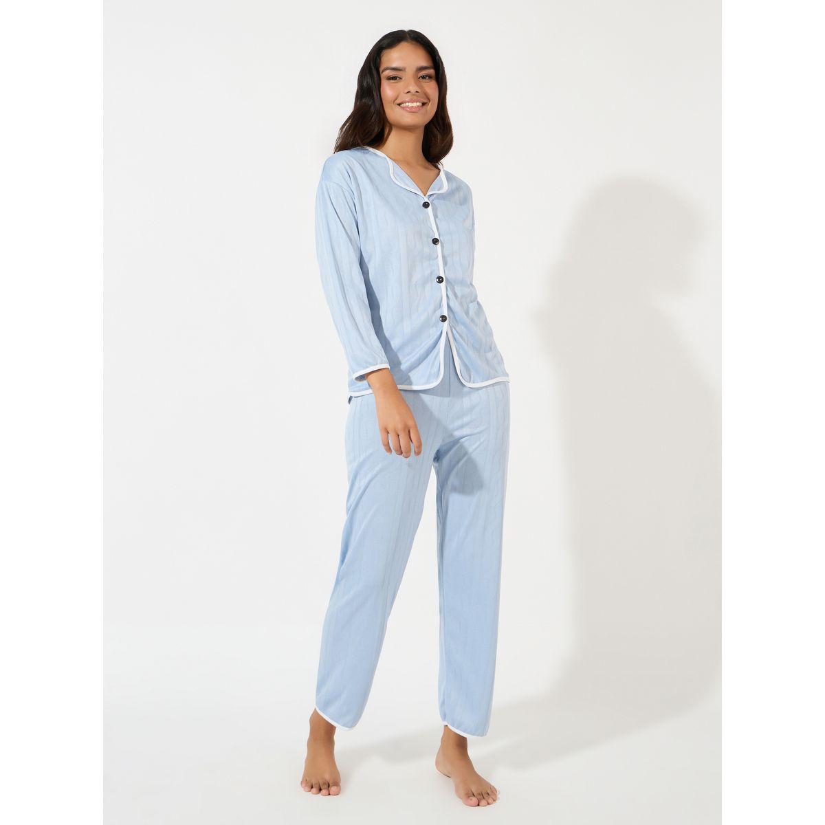 Styli Unwind Cable Knit Jacquard Piped Shirt & Pyjama Set-women-clothing-nightwear-pyjamas-longsets-image-1