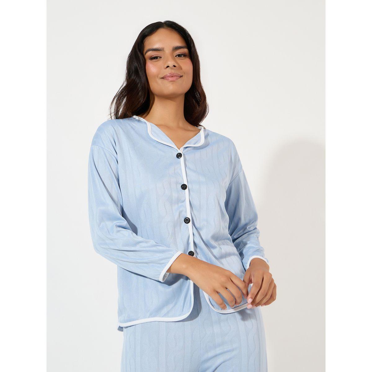 Styli Unwind Cable Knit Jacquard Piped Shirt & Pyjama Set-women-clothing-nightwear-pyjamas-longsets-image-2