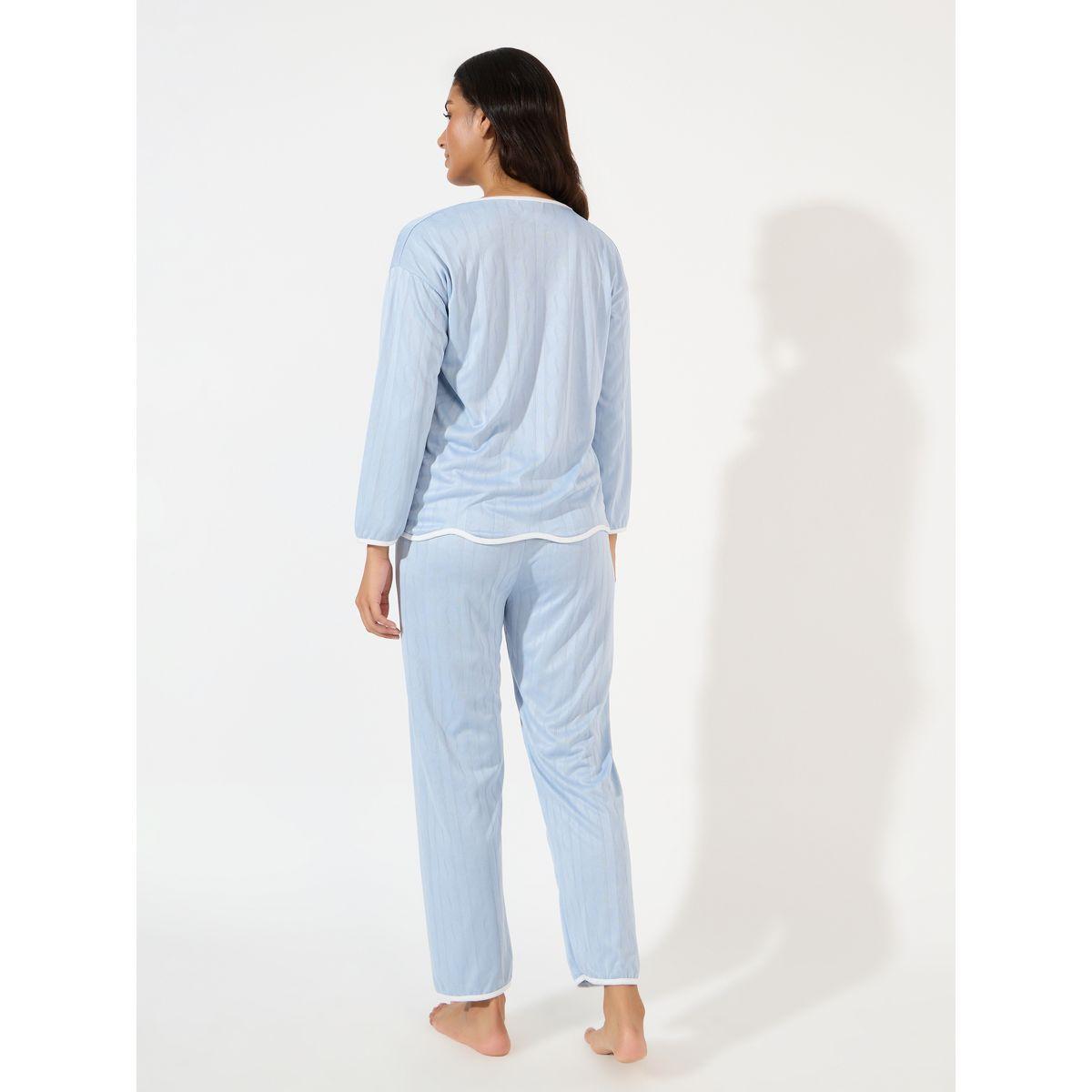 Styli Unwind Cable Knit Jacquard Piped Shirt & Pyjama Set-women-clothing-nightwear-pyjamas-longsets-image-4