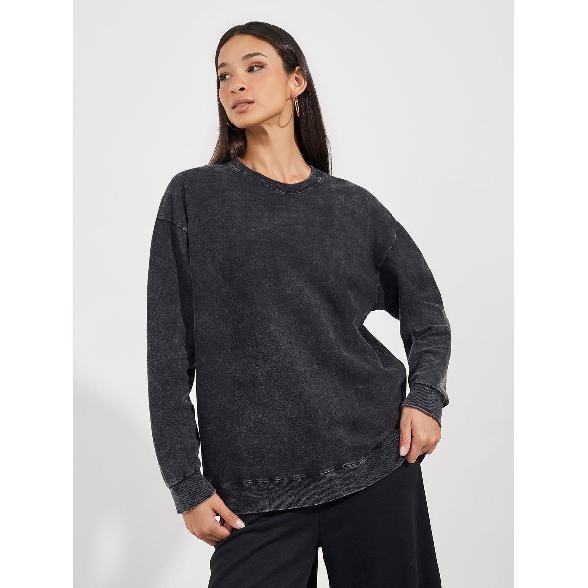 Styli Relaxed Fit Washed Sweatshirt with Dropped Shoulder-women-winterwear-hoodiesandsweatshirts-sweatshirts-image-1