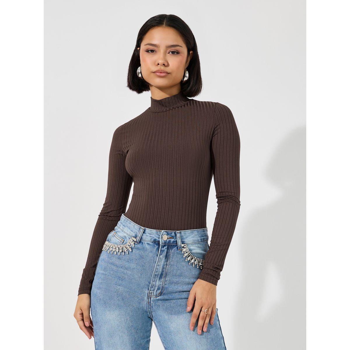 Styli Ribbed High Neck Fitted Bodysuit-women-clothing-tshirts-image-4