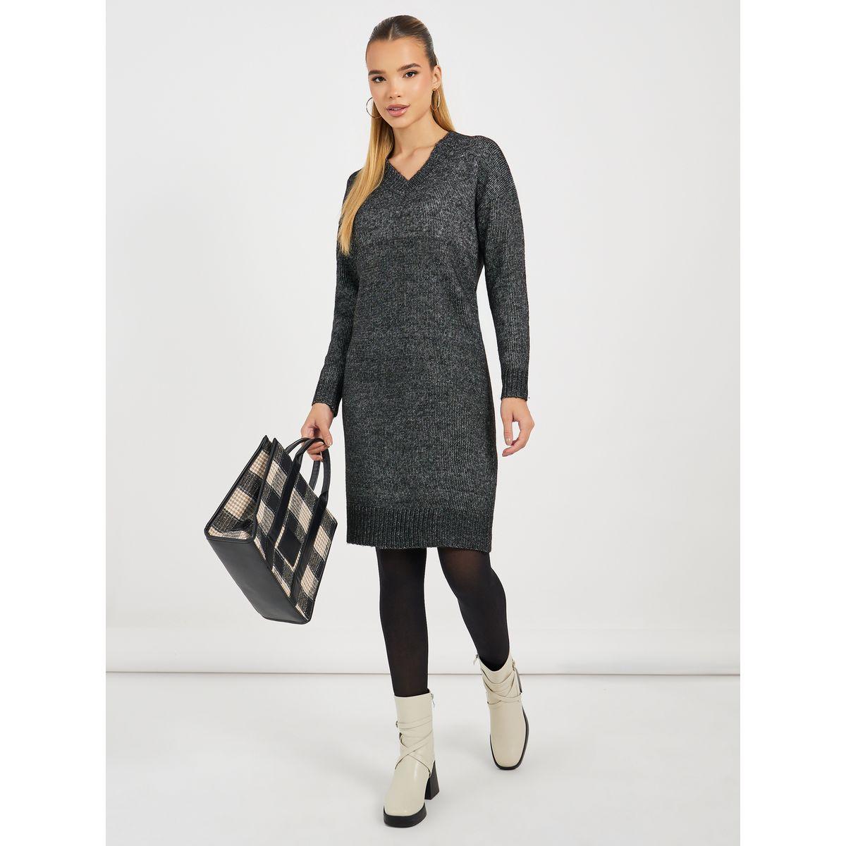 فستان قصير بتفاصيل محبوكة وأكمام طويلة-women-clothing-dresses-image-1