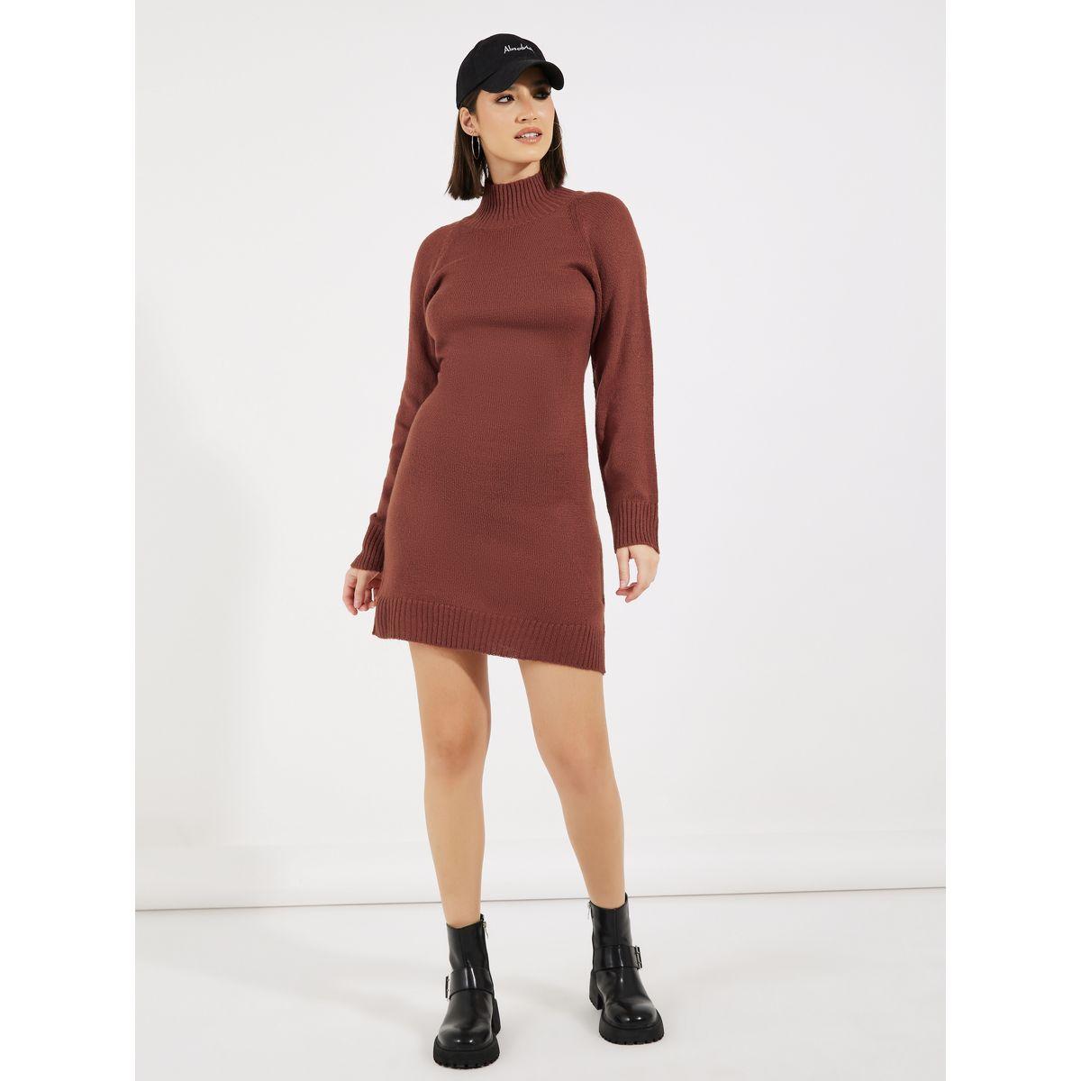 فستان سادة بطول الركبة مع أكمام طويلة-women-clothing-dresses-image-4