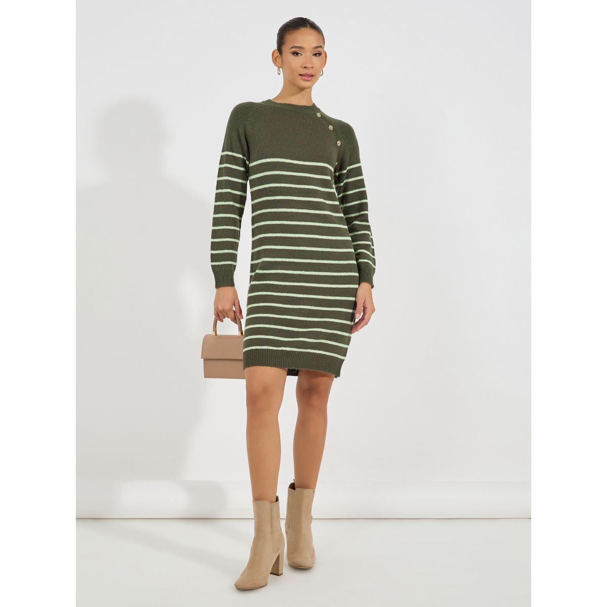 Styli Striped Button Detail Sweater Knee Length Dress-women-clothing-dresses-image-1
