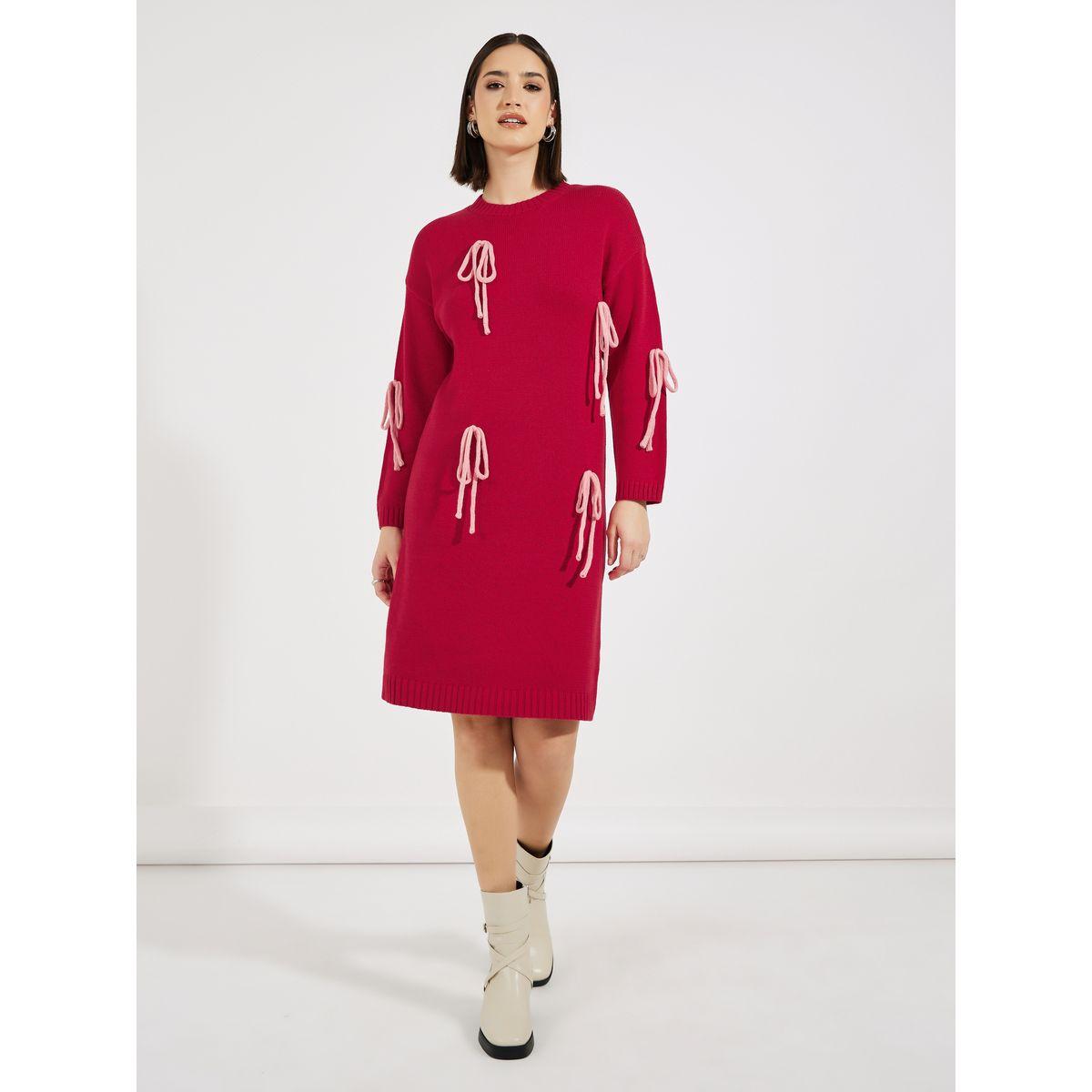 Styli Bow Detail Knit Sweater Knee Length Dress-women-clothing-dresses-image-1