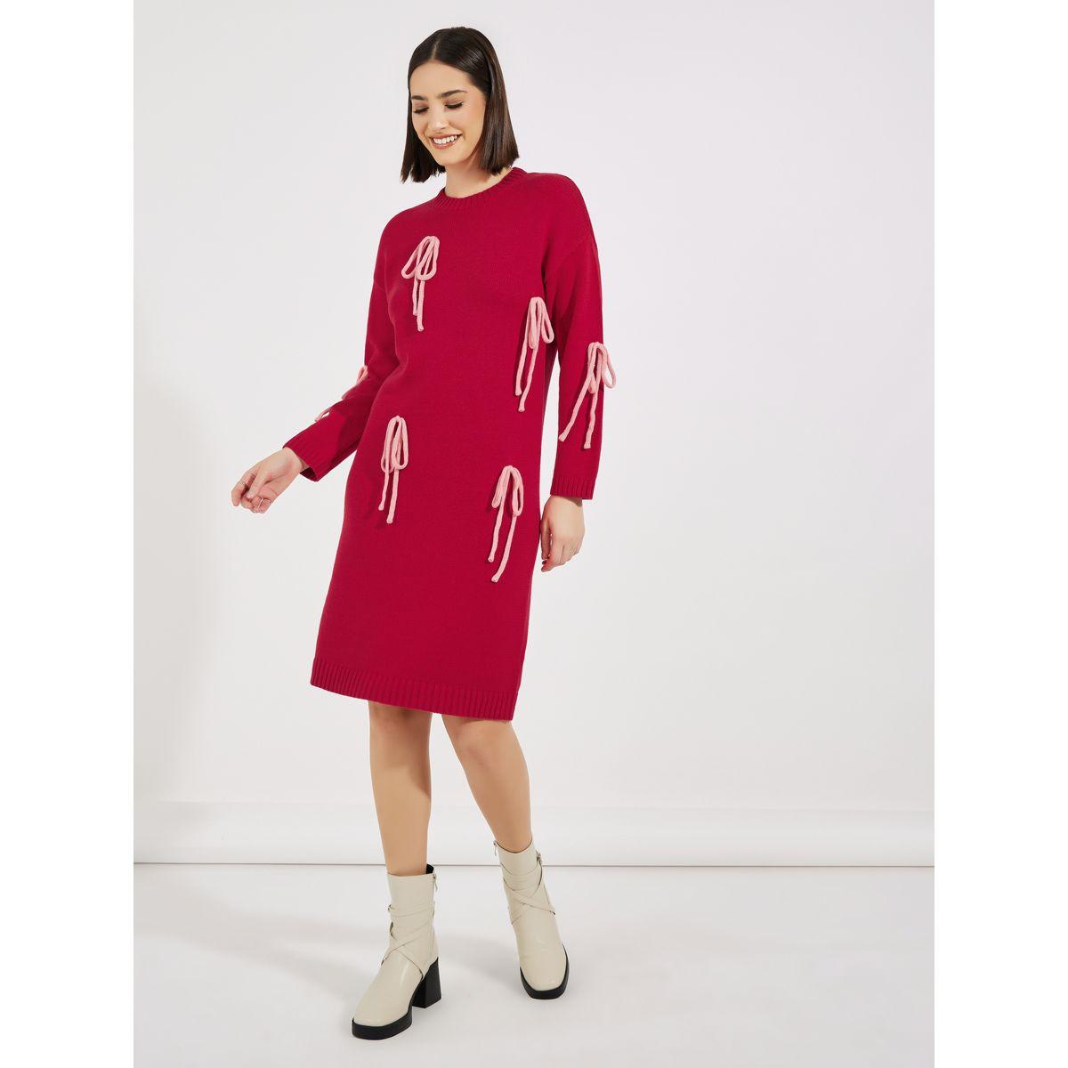 Styli Bow Detail Knit Sweater Knee Length Dress-women-clothing-dresses-image-3