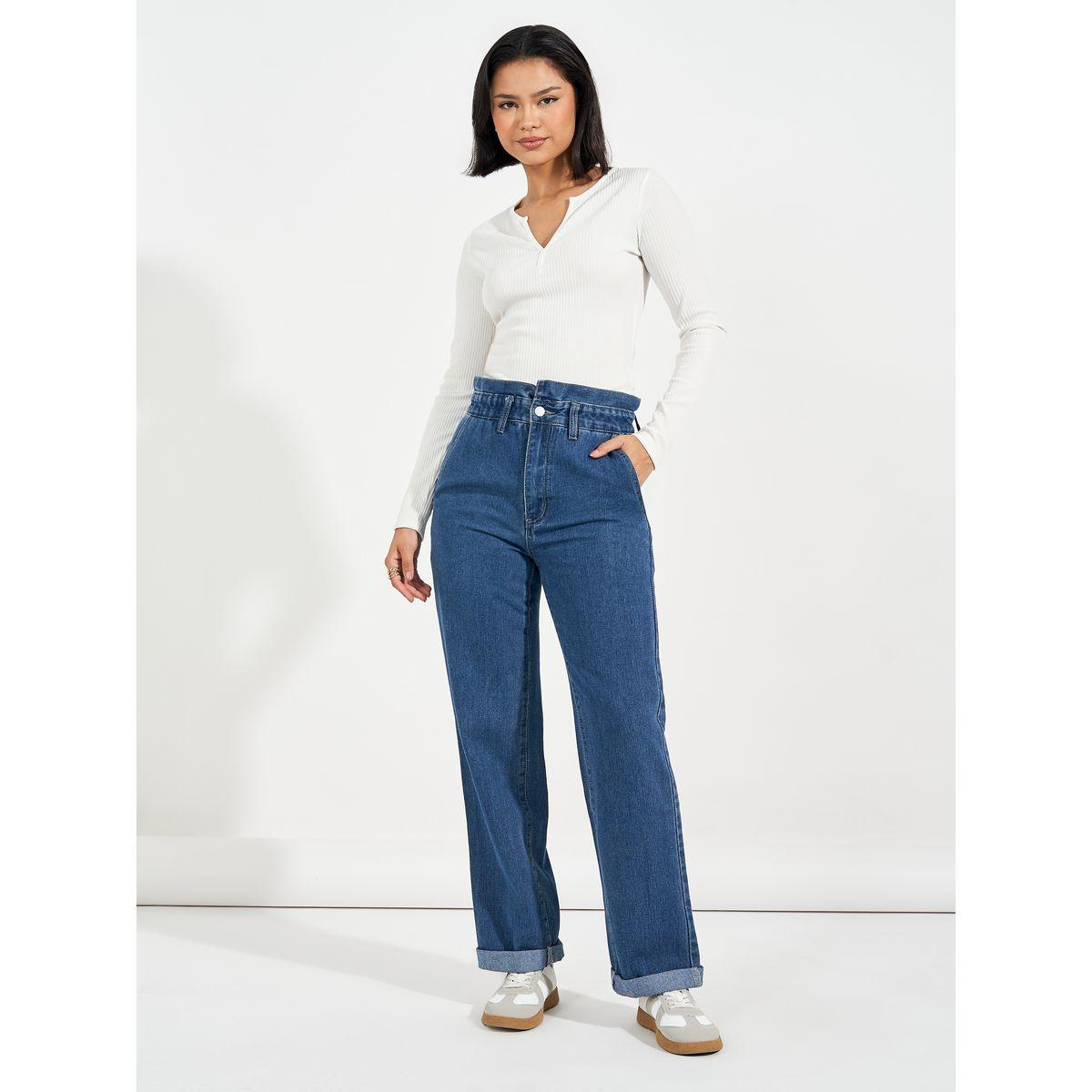 جينز بقصة أرجل مستقيمة وخصر بيبرباغ-women-clothing-bottoms-jeans-image-1