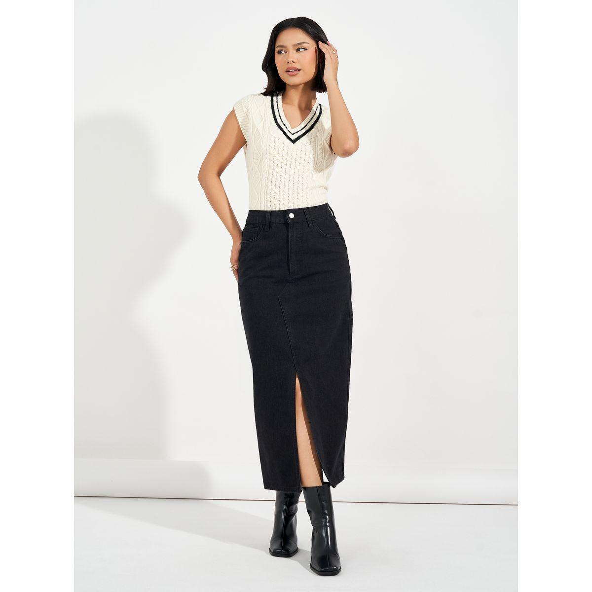 Styli High Rise Straight Hem Midi Skirt with Front Slit-women-clothing-bottoms-skirts-image-1