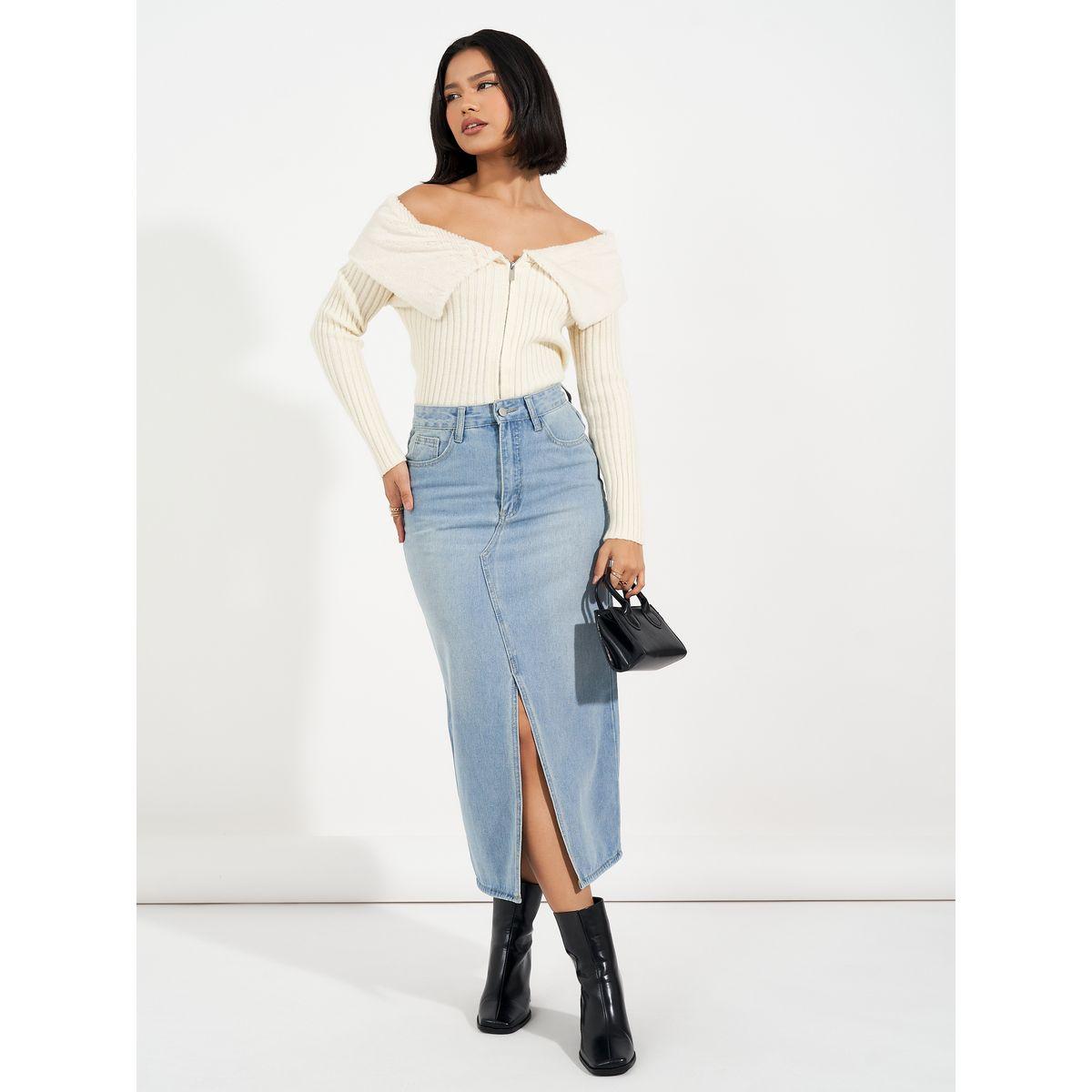 Styli High Rise Straight Hem Midi Skirt with Front Slit-women-clothing-bottoms-skirts-image-1
