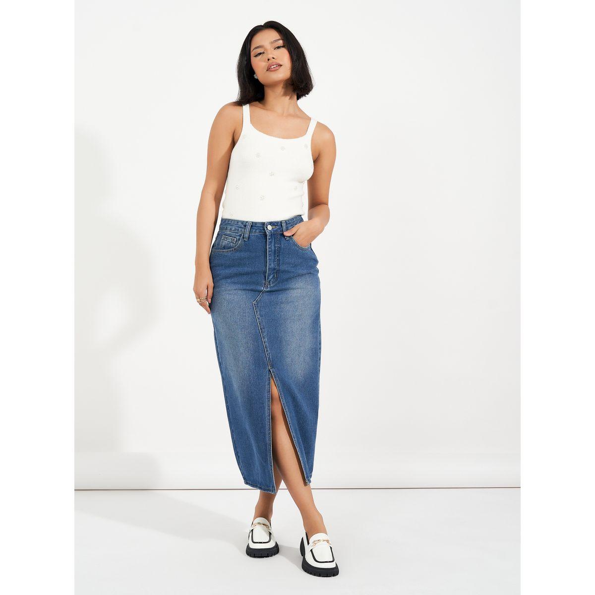 Styli High Rise Straight Hem Midi Skirt with Front Slit-women-clothing-bottoms-skirts-image-1