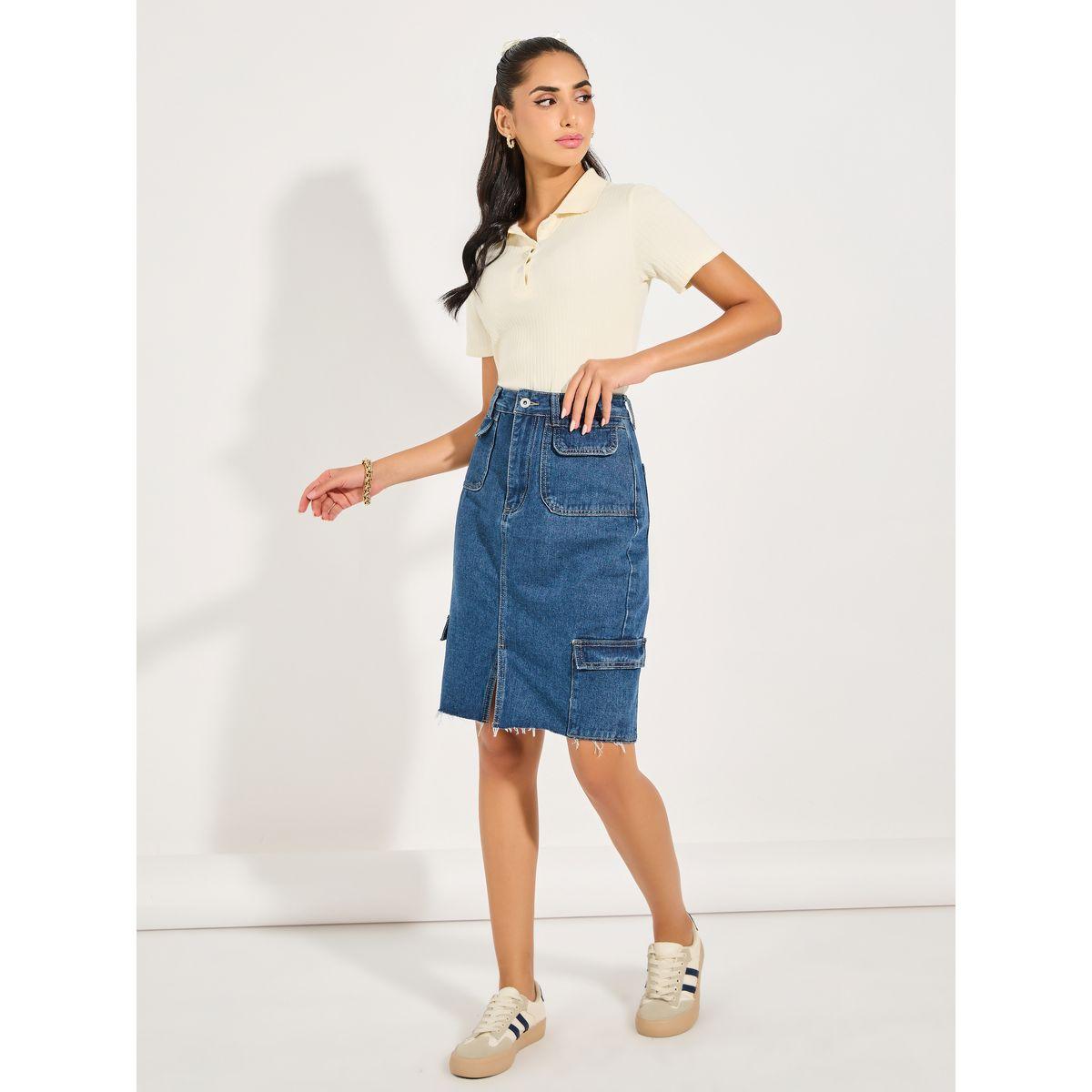 Styli Denim Knee Length Skirt with Cargo Pockets-women-clothing-bottoms-skirts-image-1