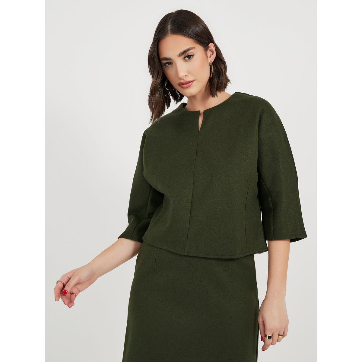 Styli Split Neck Crop Top with 3/4 Sleeves-women-clothing-tshirts-image-1