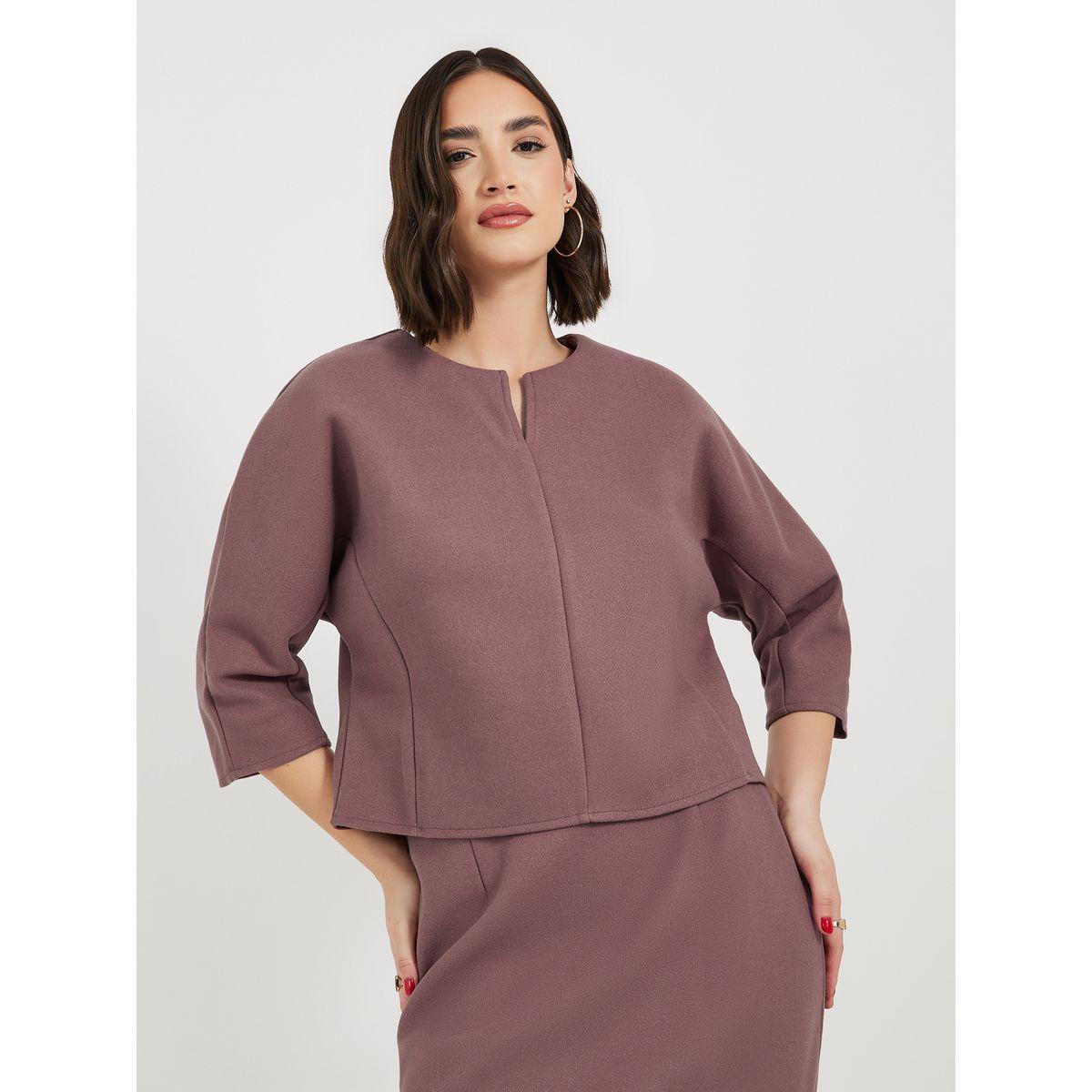 Styli Split Neck Crop Top with 3/4 Sleeves-women-clothing-tshirts-image-1