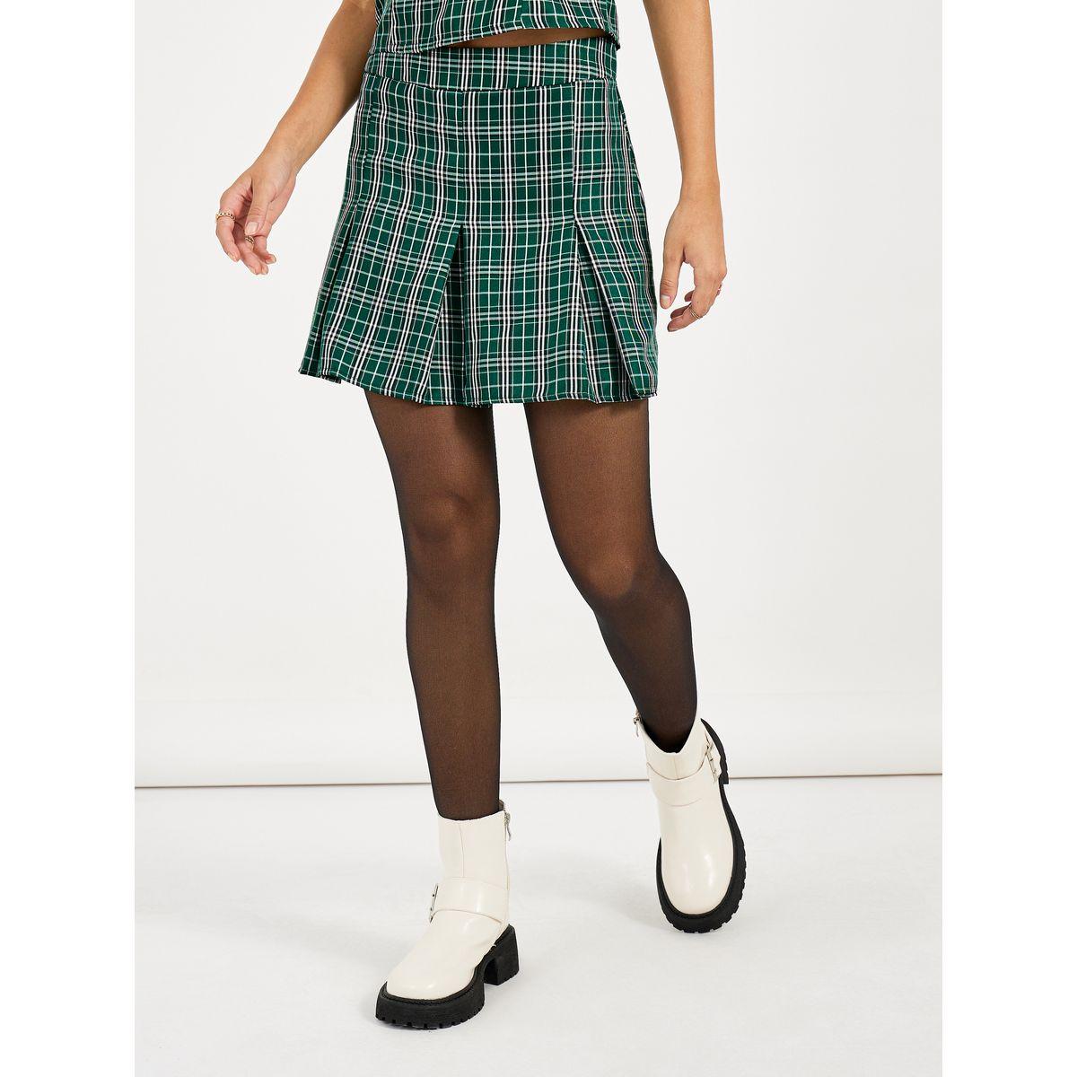 تنورة قصيرة فلانيل مزينة بكسرات-women-clothing-skirts-image-2