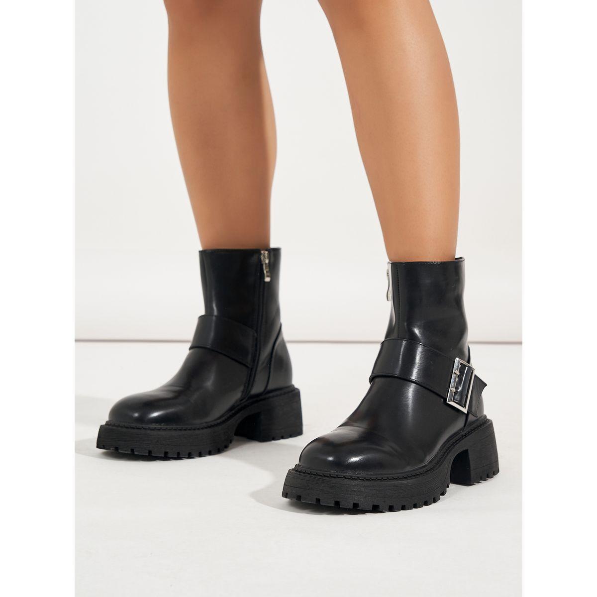Raid X Styli  Solid Buckle Detail Biker Ankle Boots-women-shoes-boots-image-1