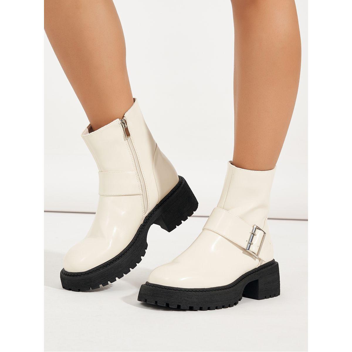 Raid X Styli  Solid Buckle Detail Biker Ankle Boots-women-shoes-boots-image-1