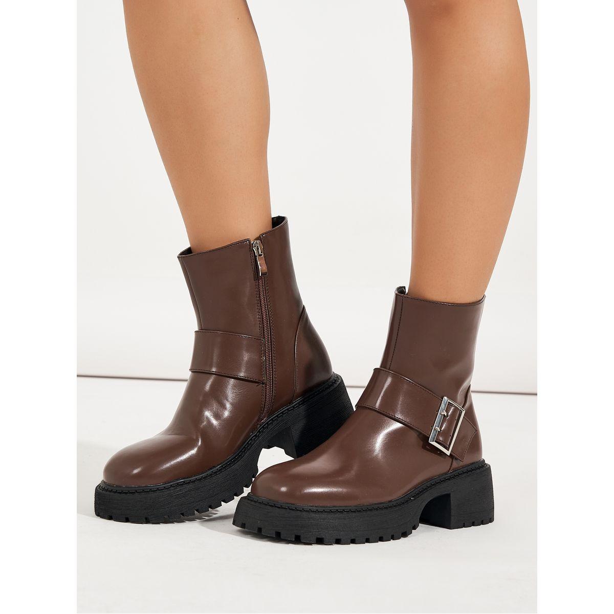 Raid X Styli  Solid Buckle Detail Biker Ankle Boots-women-shoes-boots-image-1