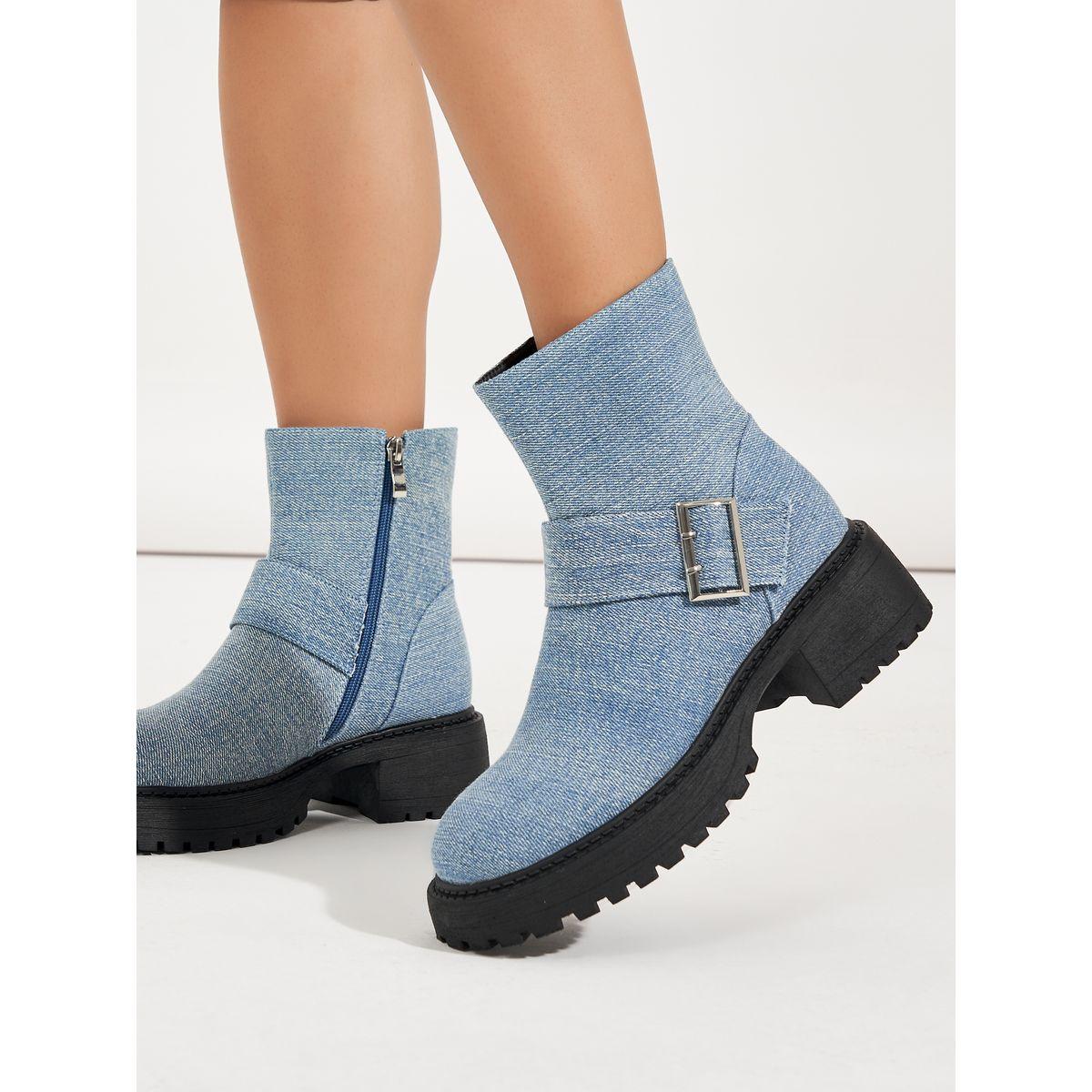 Raid X Styli  Denim Look Buckle Detail Biker Ankle Boots-women-shoes-boots-image-1