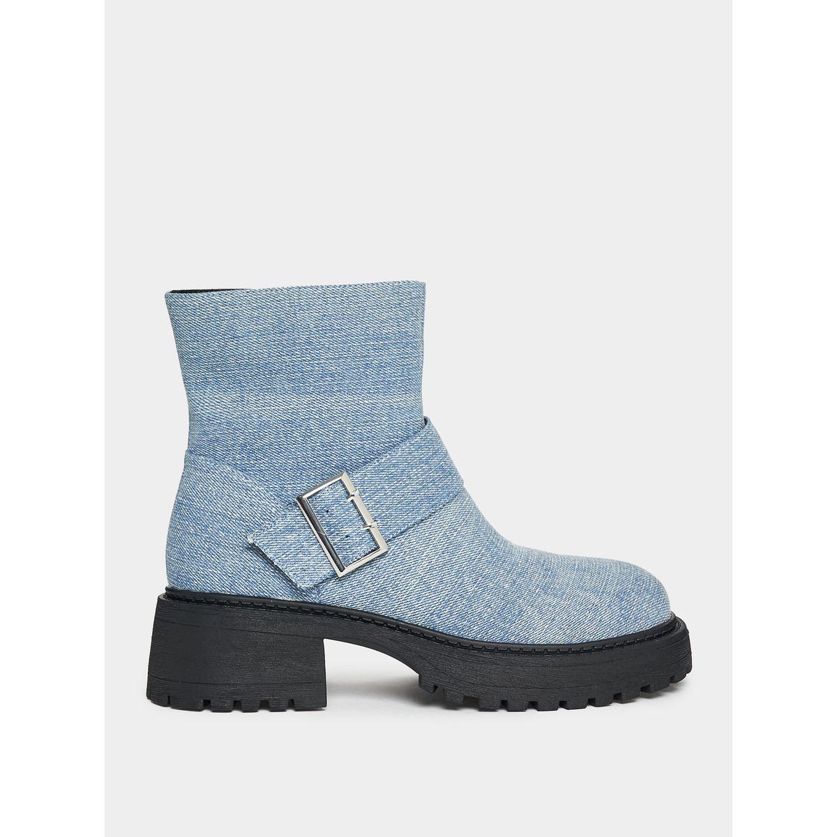 Raid X Styli  Denim Look Buckle Detail Biker Ankle Boots-women-shoes-boots-image-2